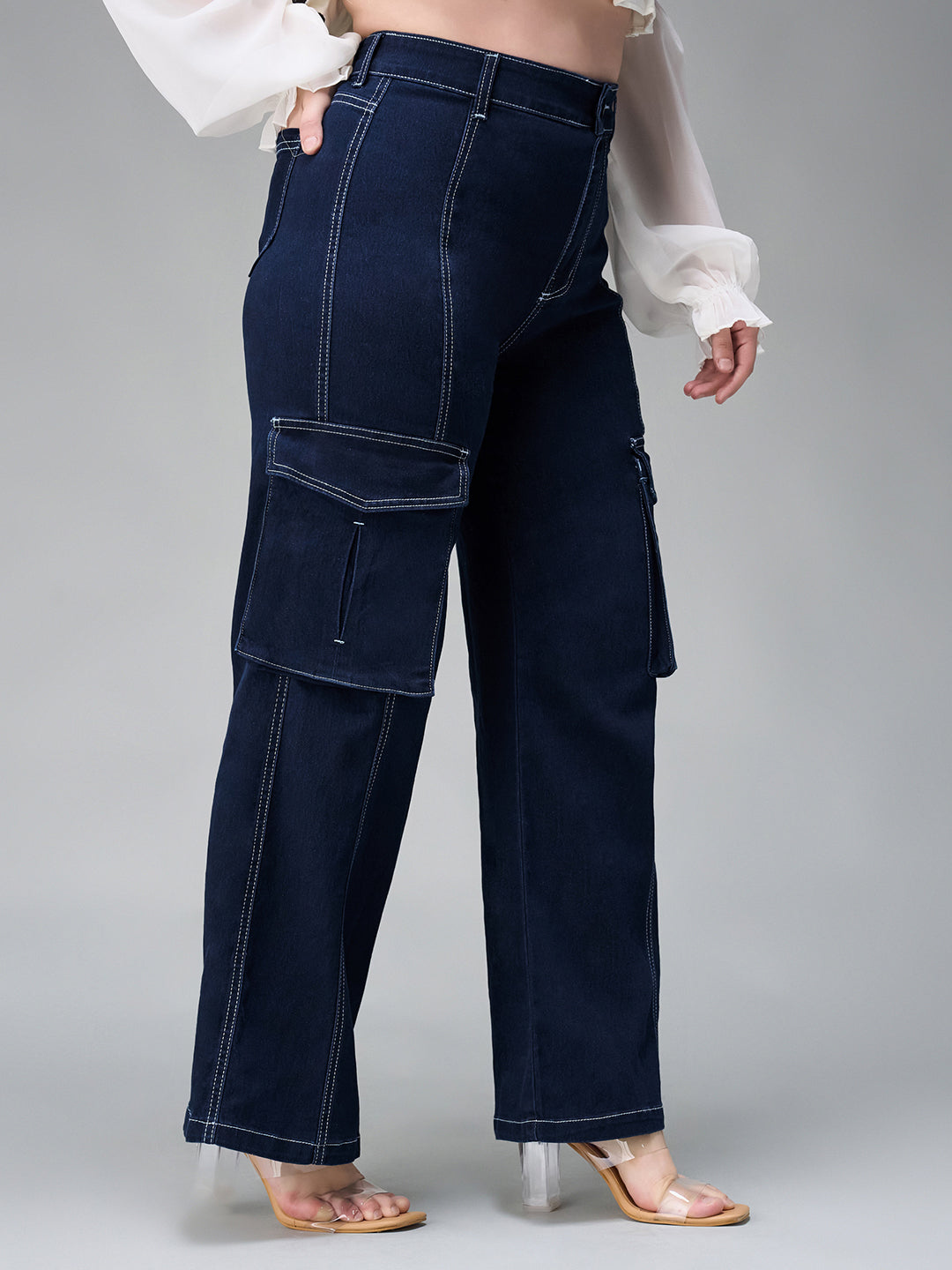 Women's Navy Blue Cargo Wide leg High rise Stretchable Baggy Denim Jeans