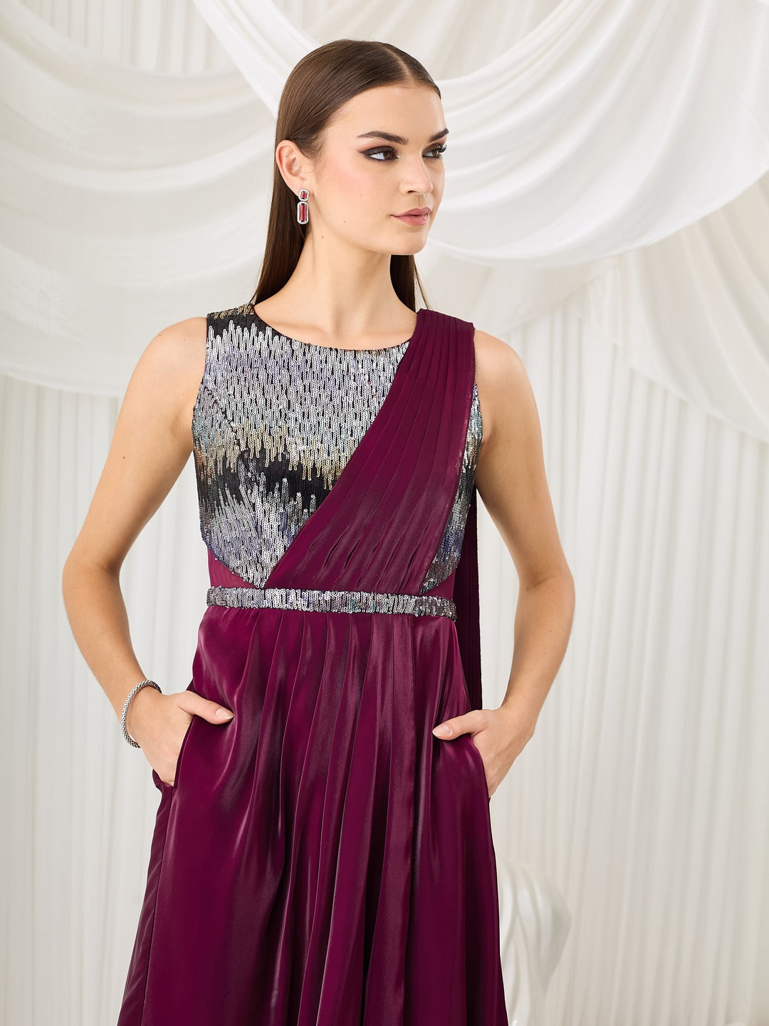 Round Neck Gown in Dark Purple with Embellished Satin Layers for Women