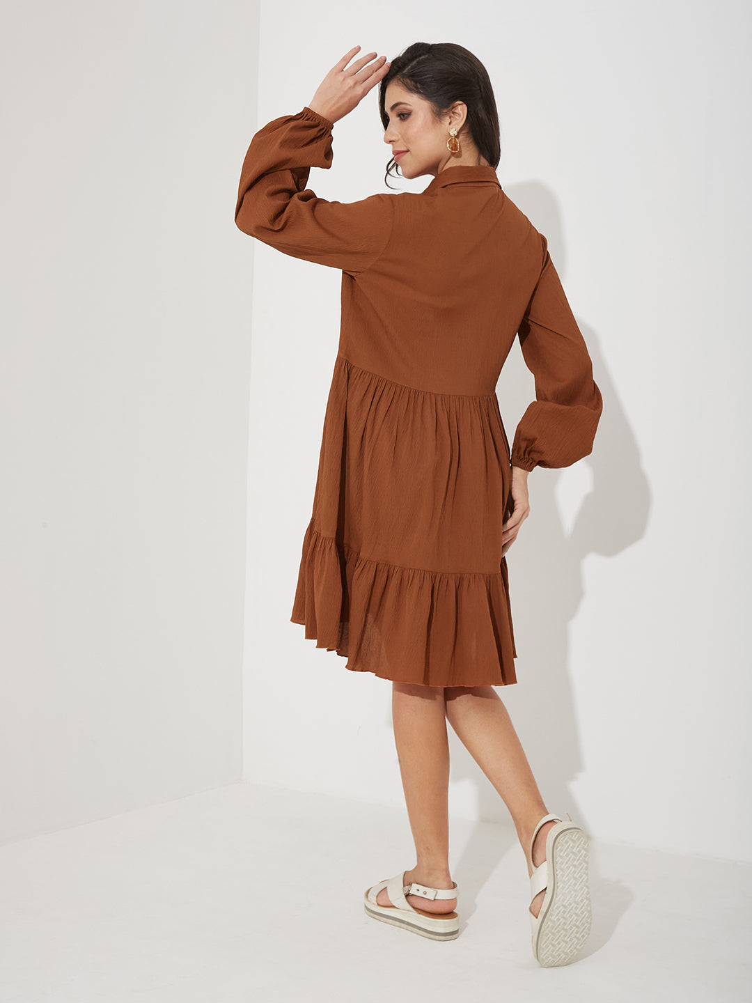 Rust Solid Polyester Shirt Dress with Balloon Sleeves and Tiered Hem for Women