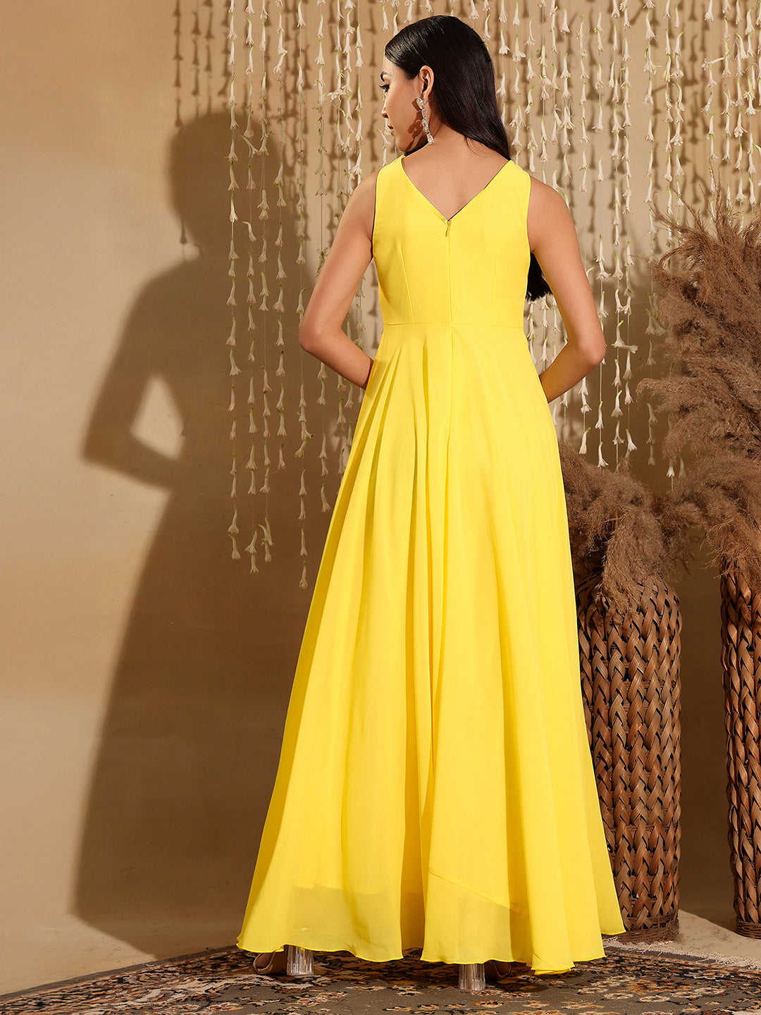 Women's Yellow Round Neck Sleeveless Embellished Frilled Georgette Maxi Dress