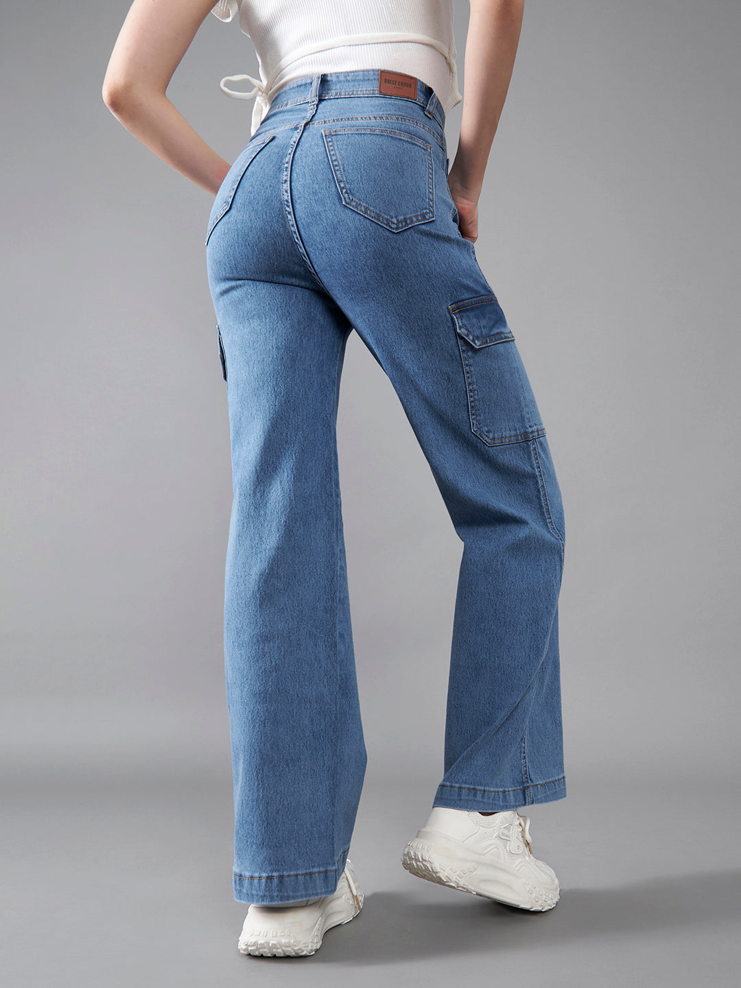 24/7 Comfort Women's Blue Wide Leg High Rise Mildly Distressed Regular Length Stretchable Cargo Denim Jeans