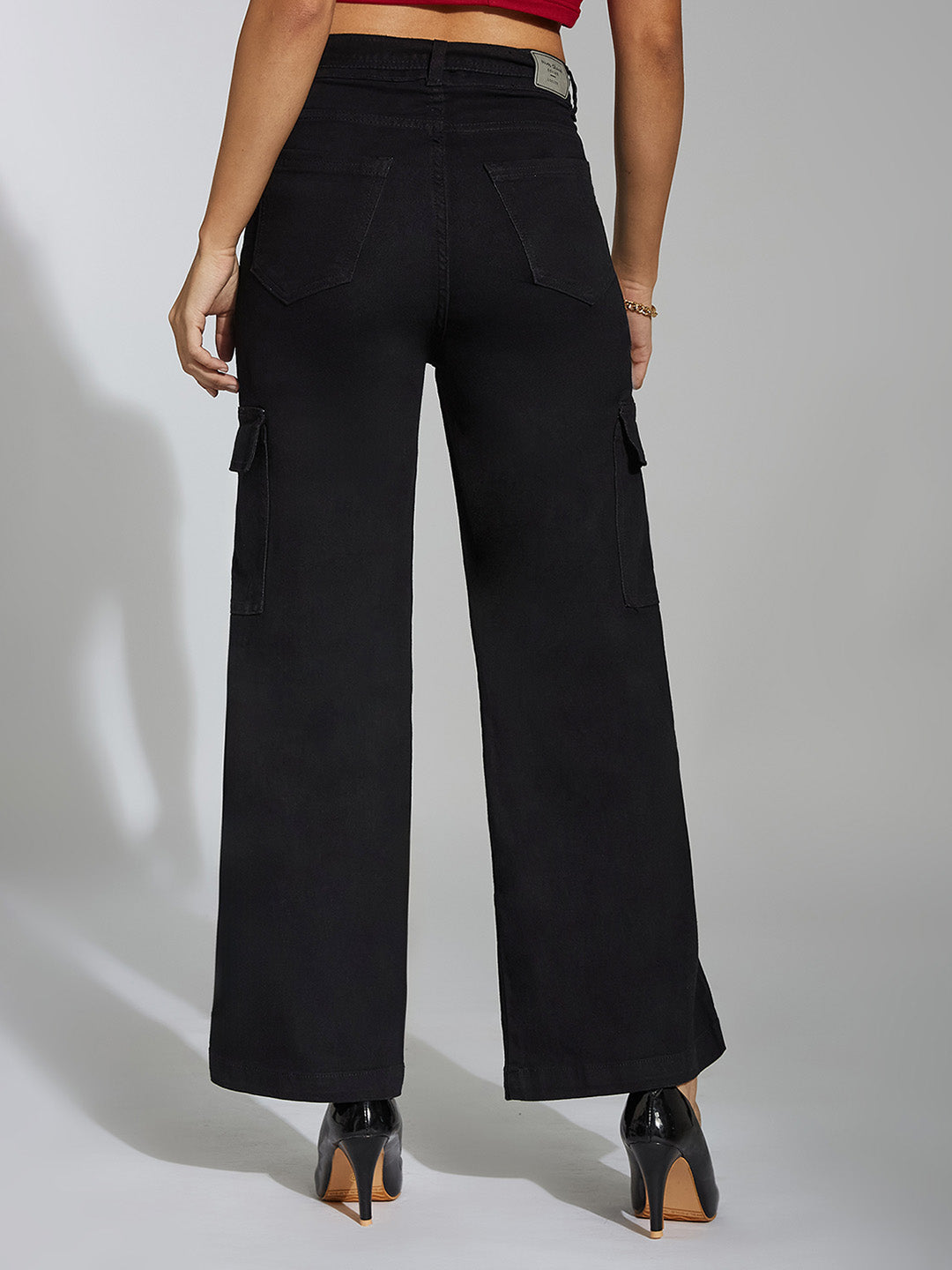 Women's Black Wide leg High rise Clean look Regular Stretchable Denim Jeans