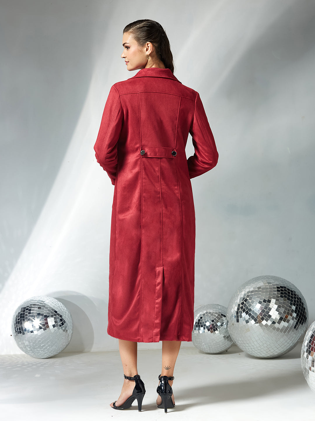 Women's Dark Red Solid V-Neck Full Sleeves Patched Pocketed Polyester Button Down Longline Winter Wear Jacket