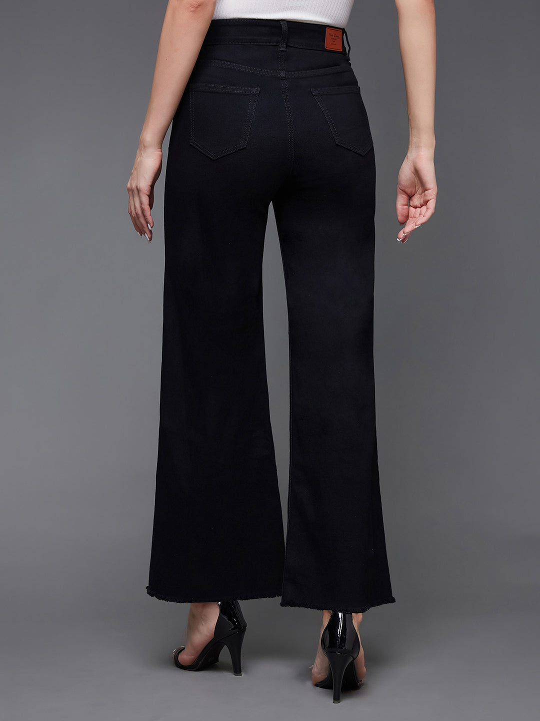 Women's Black Wide Leg High Rise Clean Look Regular-Length Stretchable Denim Jeans