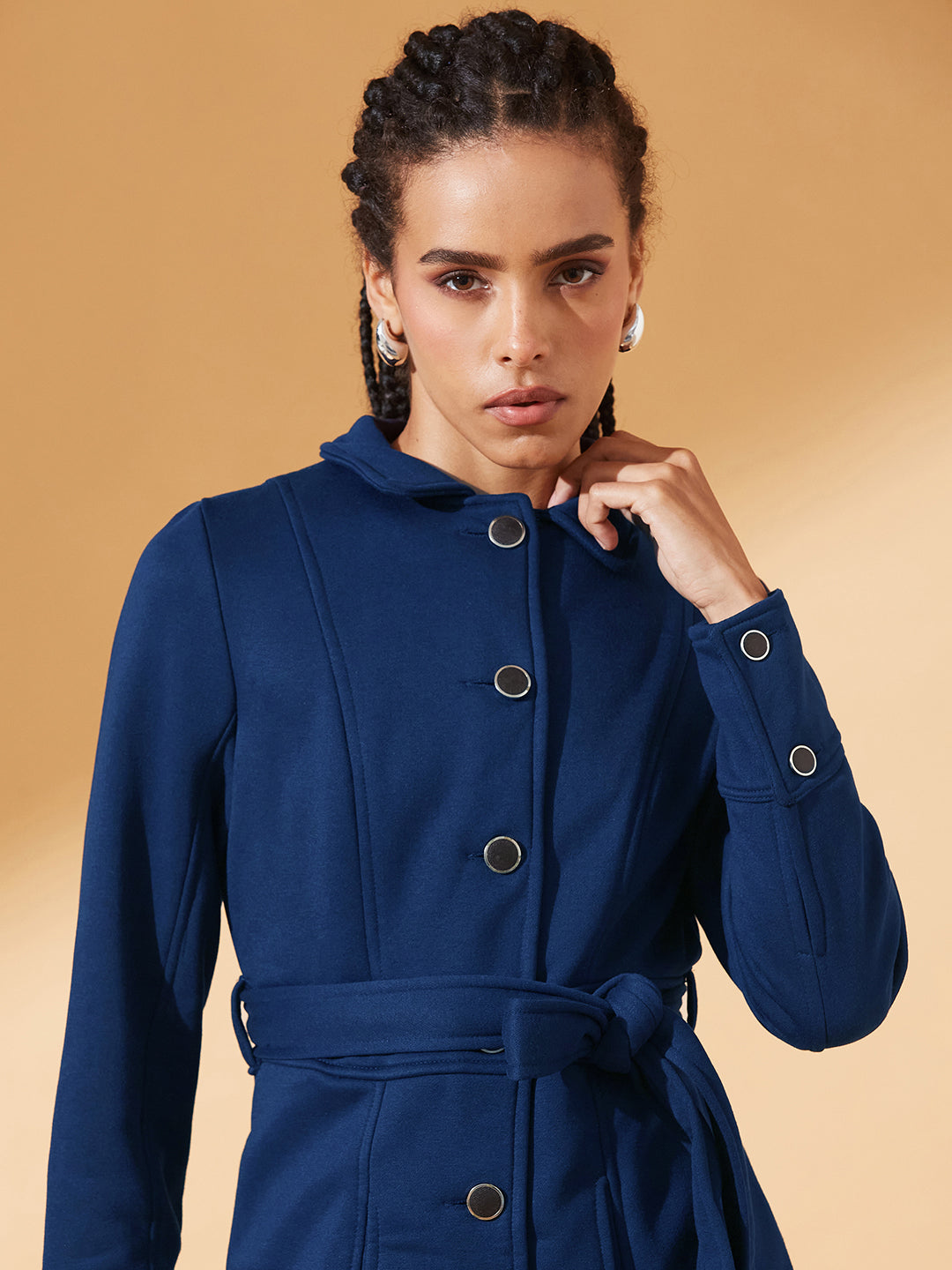 Navy-Blue Collared Full Sleeve Solid Tie-up Longline Jacket for Women