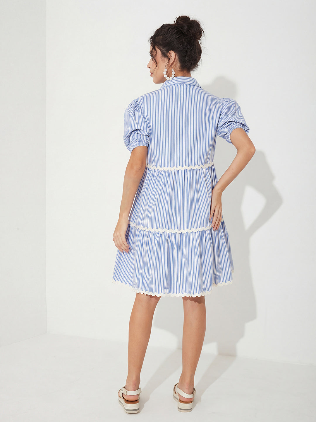 Blue and White Striped Cotton Shirt Dress with Puff Sleeves and Tiered Hem for Women