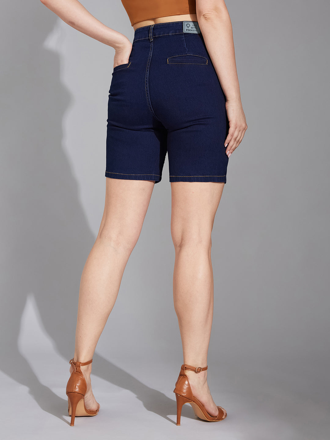 Women's Navy Blue Regular High rise Clean look Above Knee Stretchable Denim Shorts