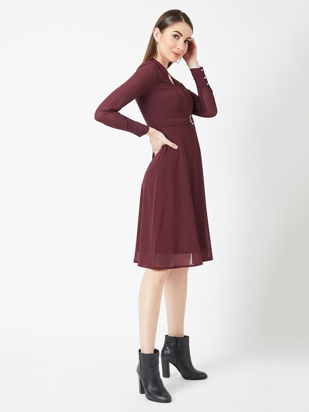 Women's Wine Red V-Neck Full Sleeve Solid Fit & Flare Midi Dress