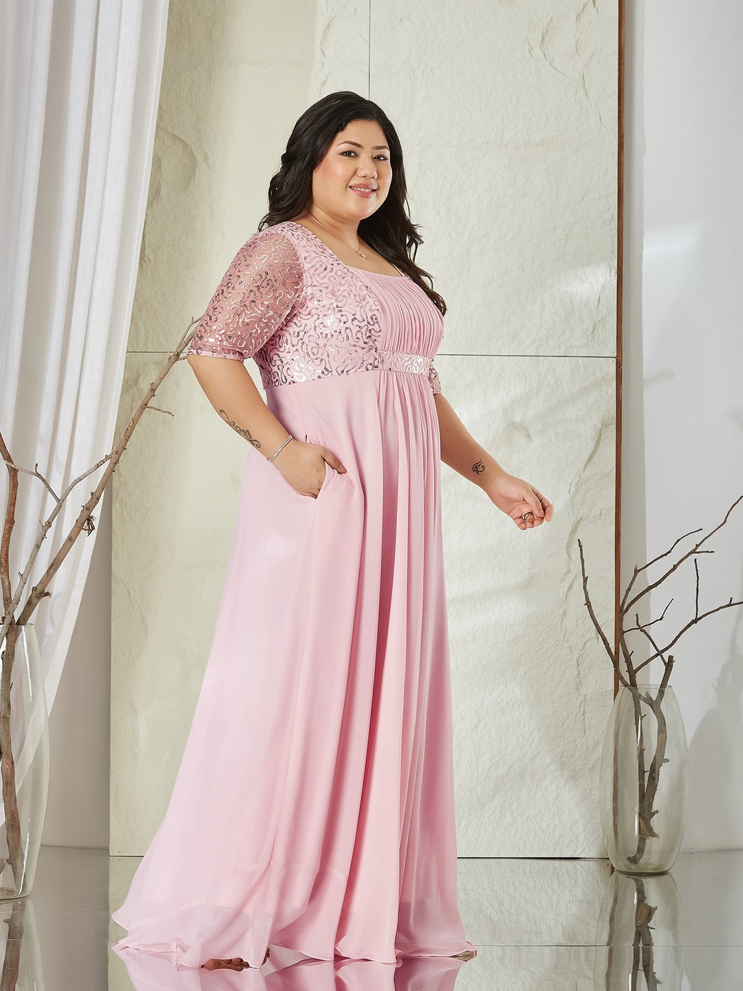 Dusty Pink Square Neck Half Sleeve Solid Embellished Maxi Dress for Women