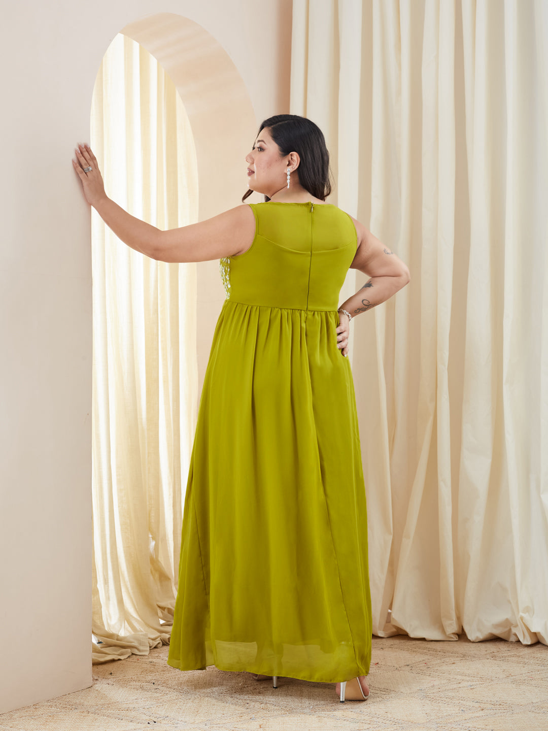 Lemon Green Boat Neck Sleeveless Embroidered Georgette Gathered Maxi Dress for Women