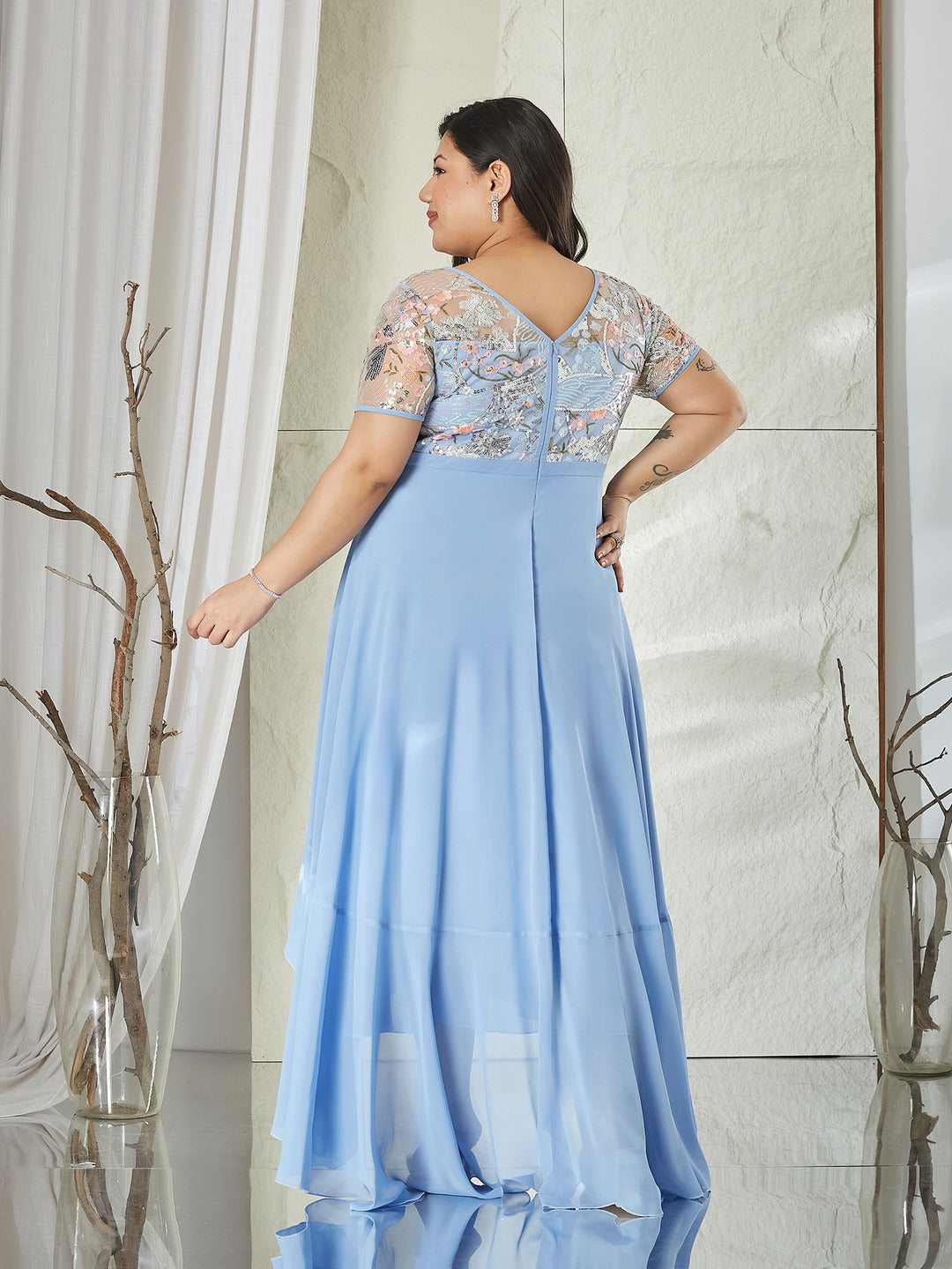 Sky Blue Round Neck Short Sleeve Floral Layered Georgette Midi Dress for Women