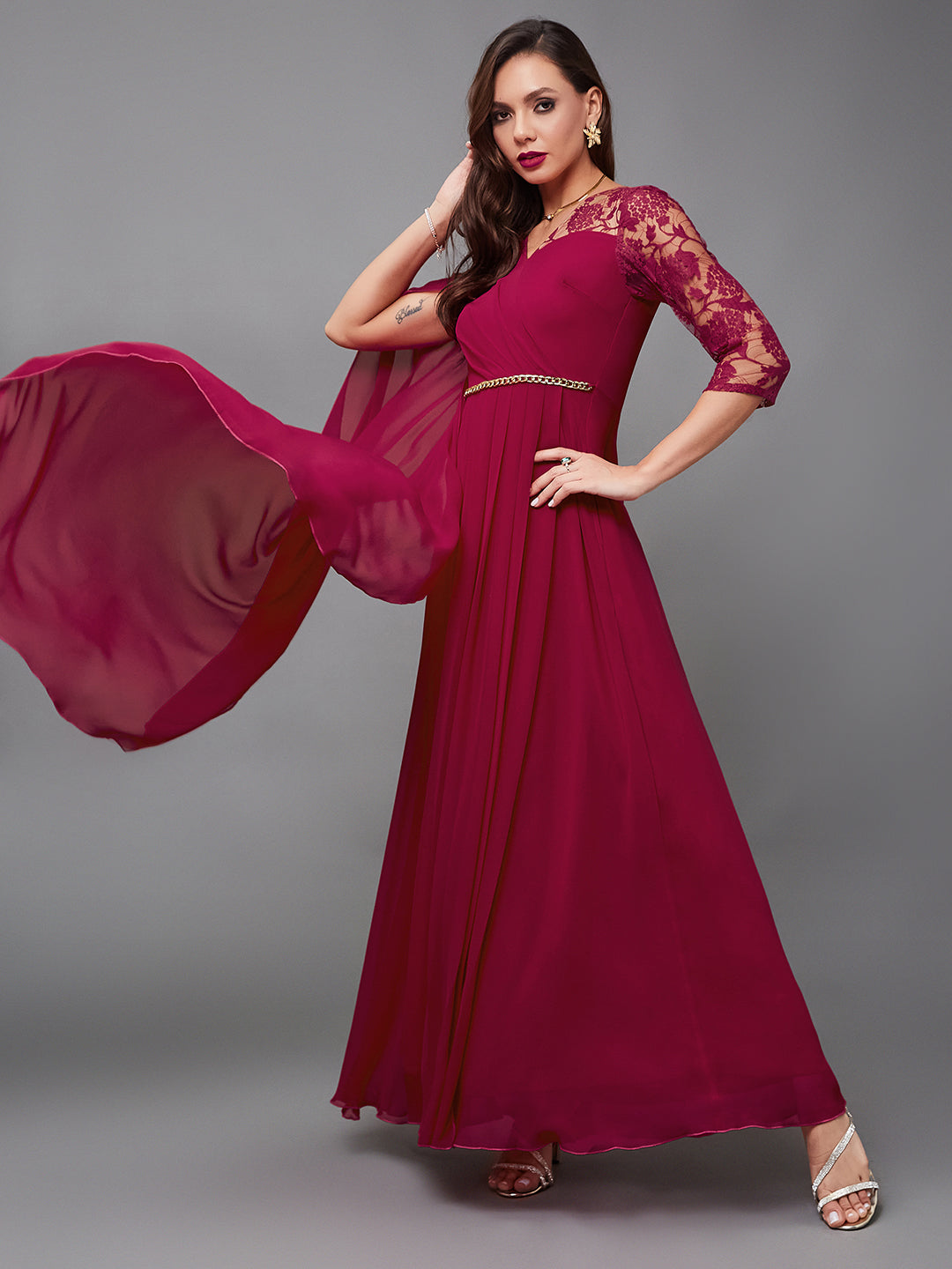 Women's Dark Pink V-Neck Asymmetric Self-Designed Georgette Maxi Party Dress