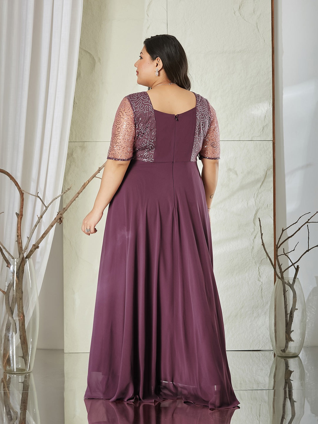 Mauve Square Neck Half Sleeve Solid Embellished Maxi Dress for Women