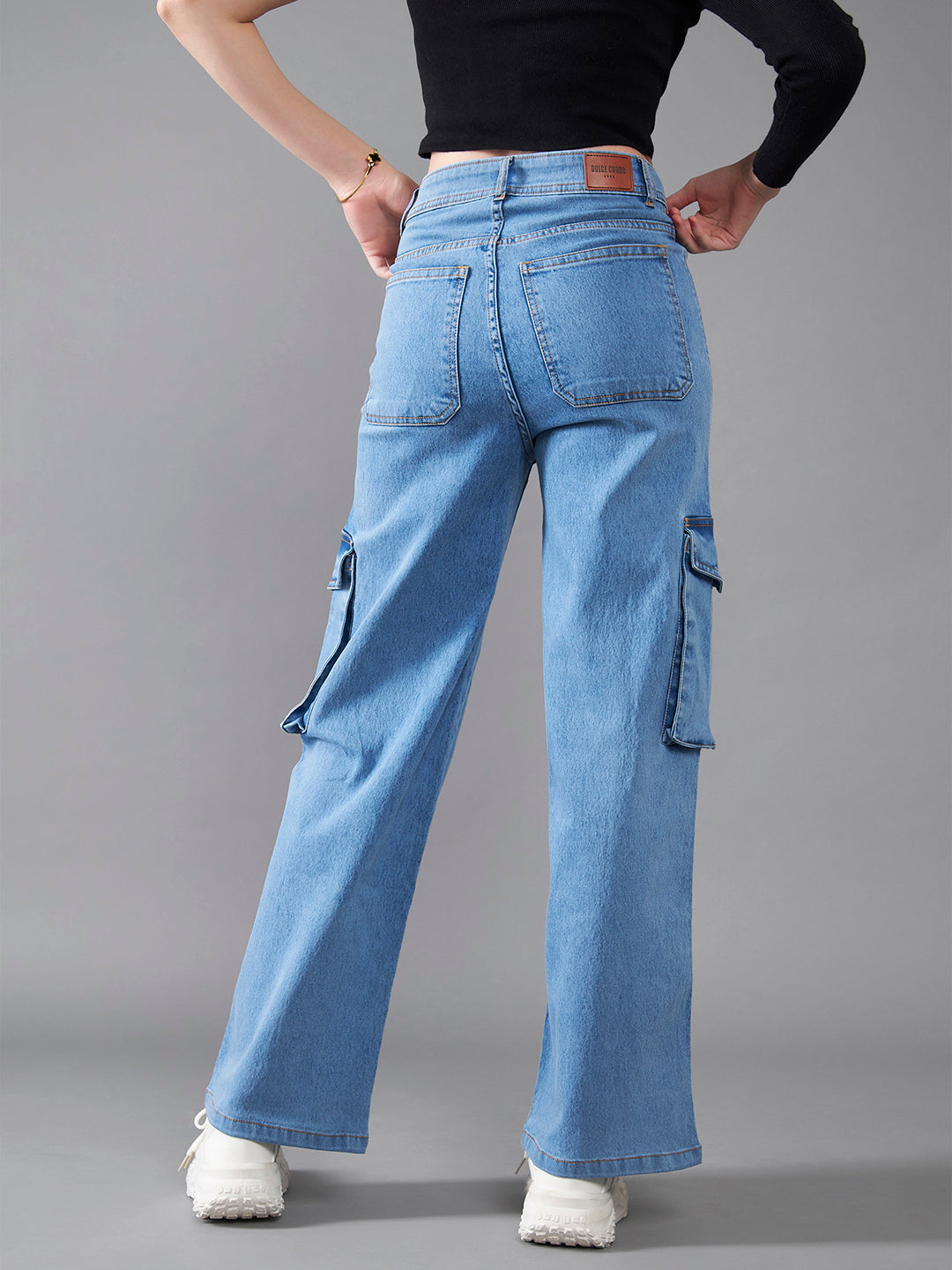 24/7 Comfort Women's Blue Wide-Leg High-Rise Regular Length Stretchable Patch Pocketed Cargo Denim Jeans