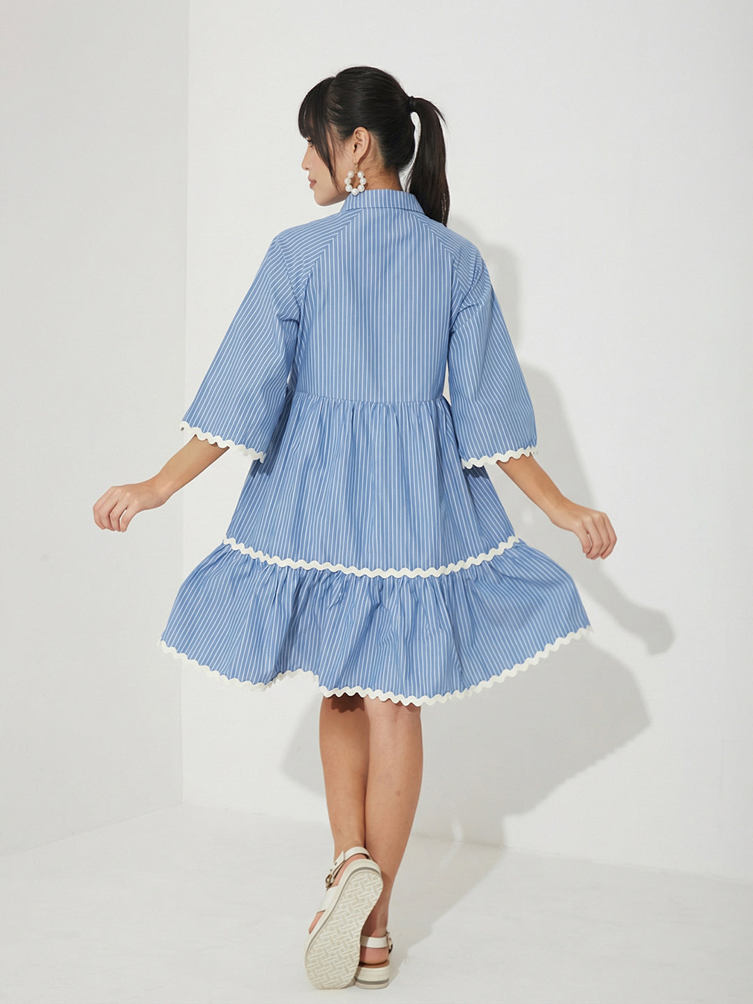 Light Blue Striped Cotton Shirt Dress with Flared Sleeves and Tiered Hem for Women