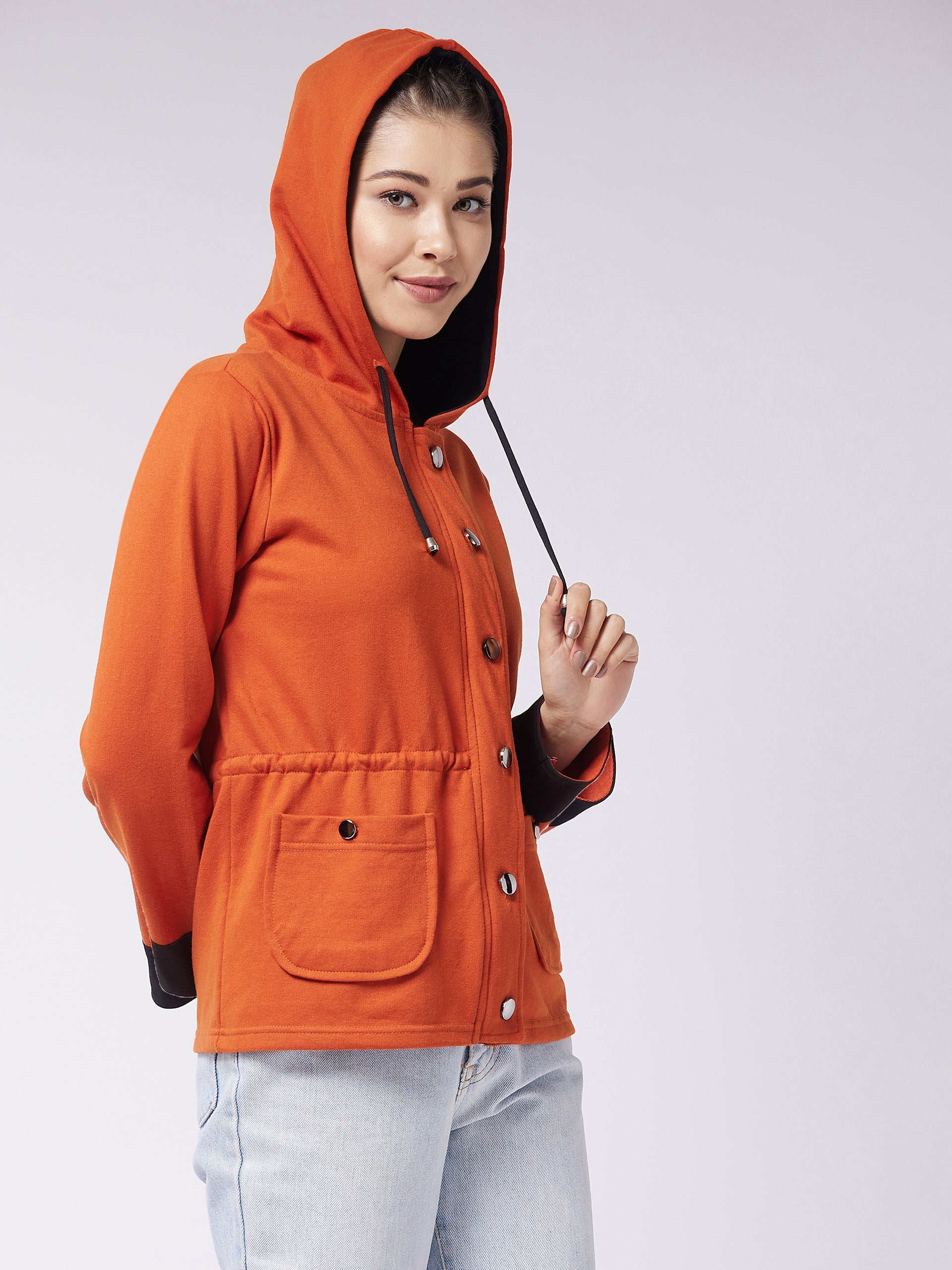 Women's Multicolored-Base-Rust Hooded Full Sleeve Solid Waist Tie-Up Regular Jacket