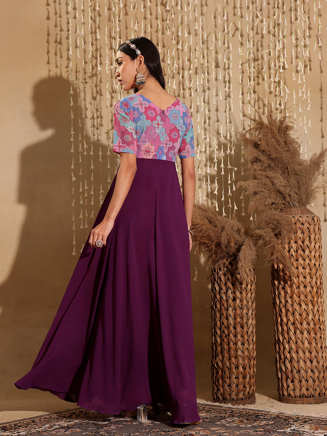 Women's Multicolored-Base-Dark Purple Boat Neck Half Sleeve Geometric Fit & Flare Georgette Maxi Dress