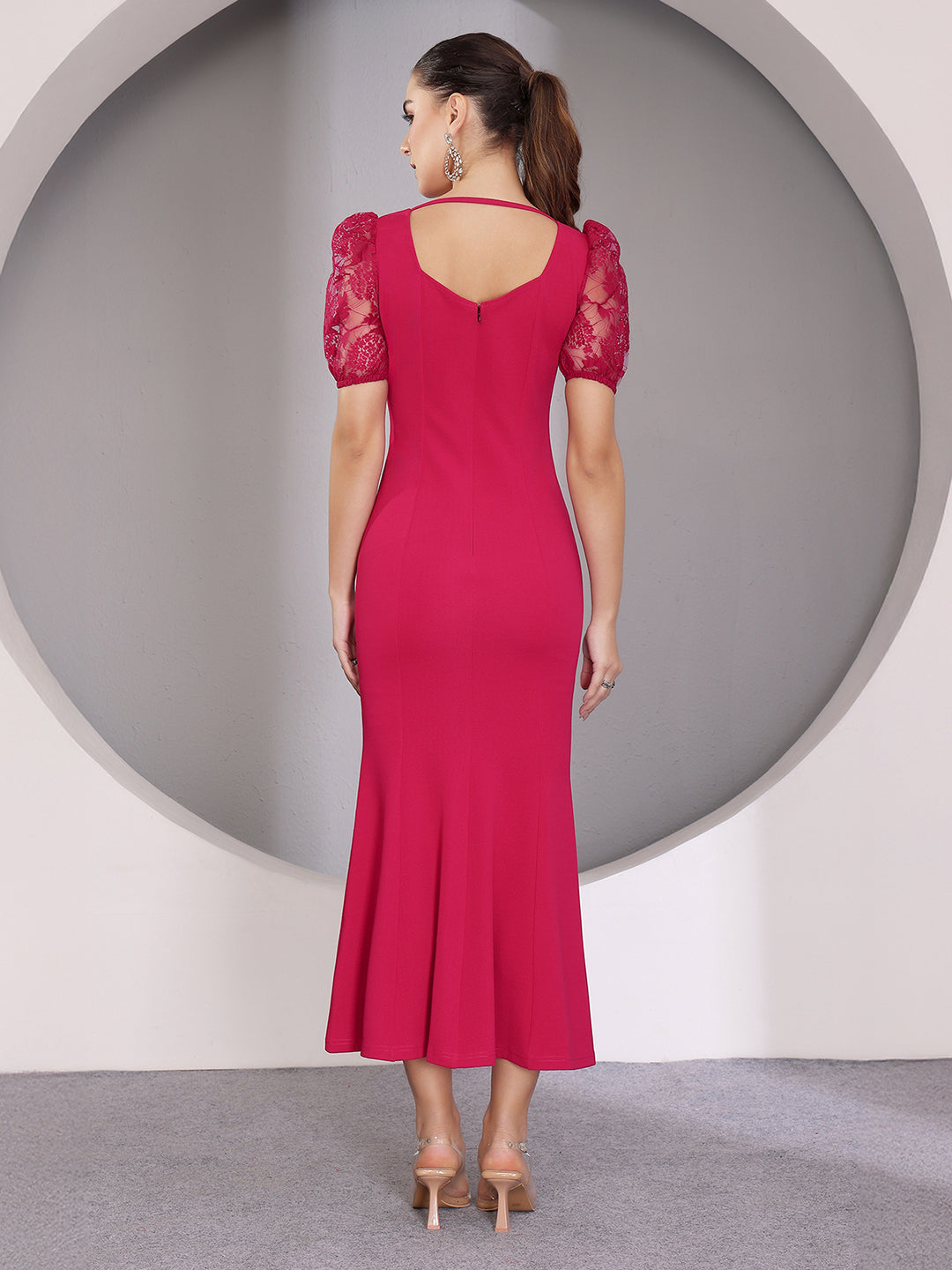 Women's Dark Pink Square Puff Sleeve Solid Lace Overlaid Ankle Length Dress