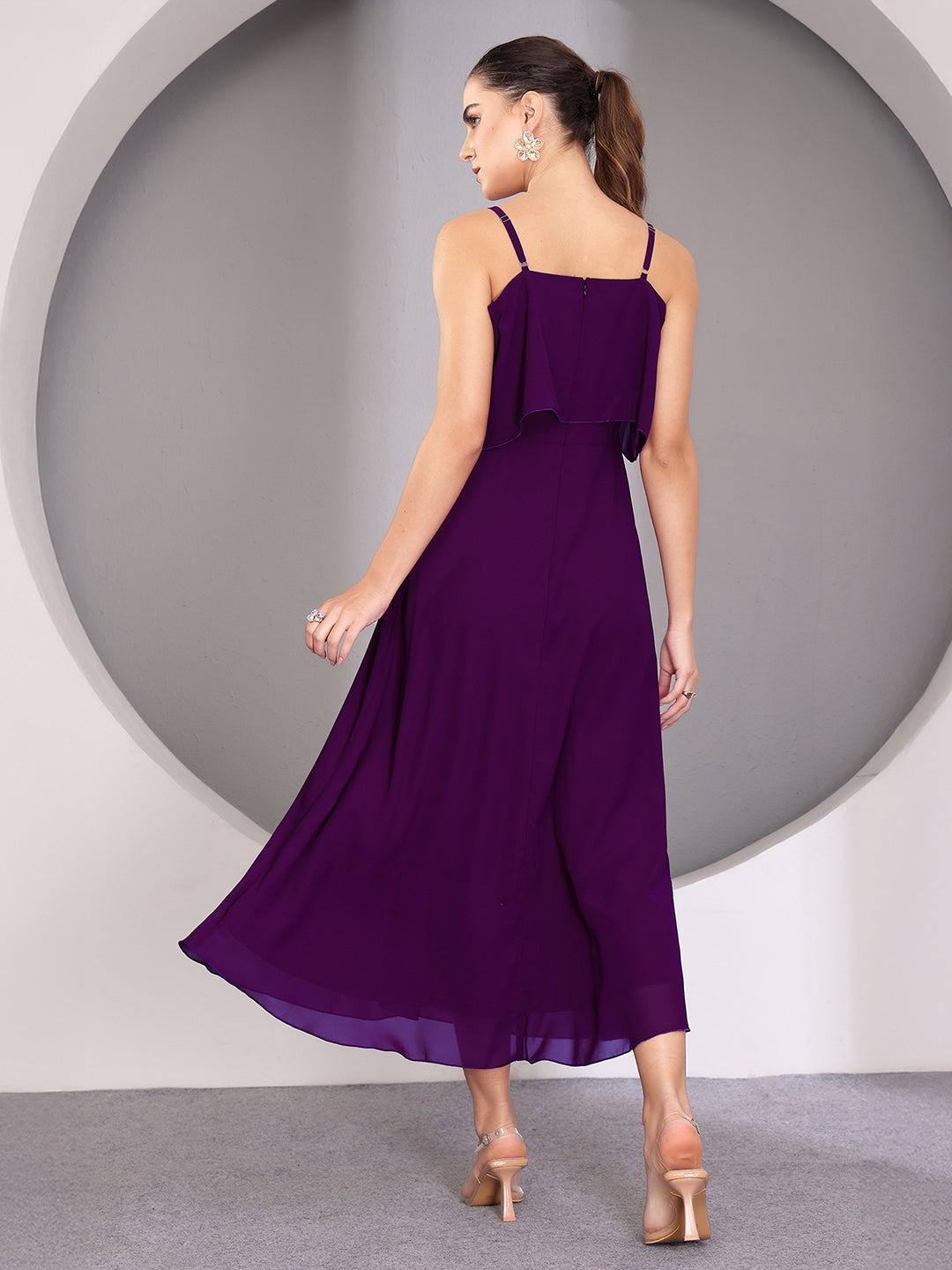 Women's Purple Bardot Style Sleeveless Spaghetti Strap Solid Off Shoulder Midi Skater Dress