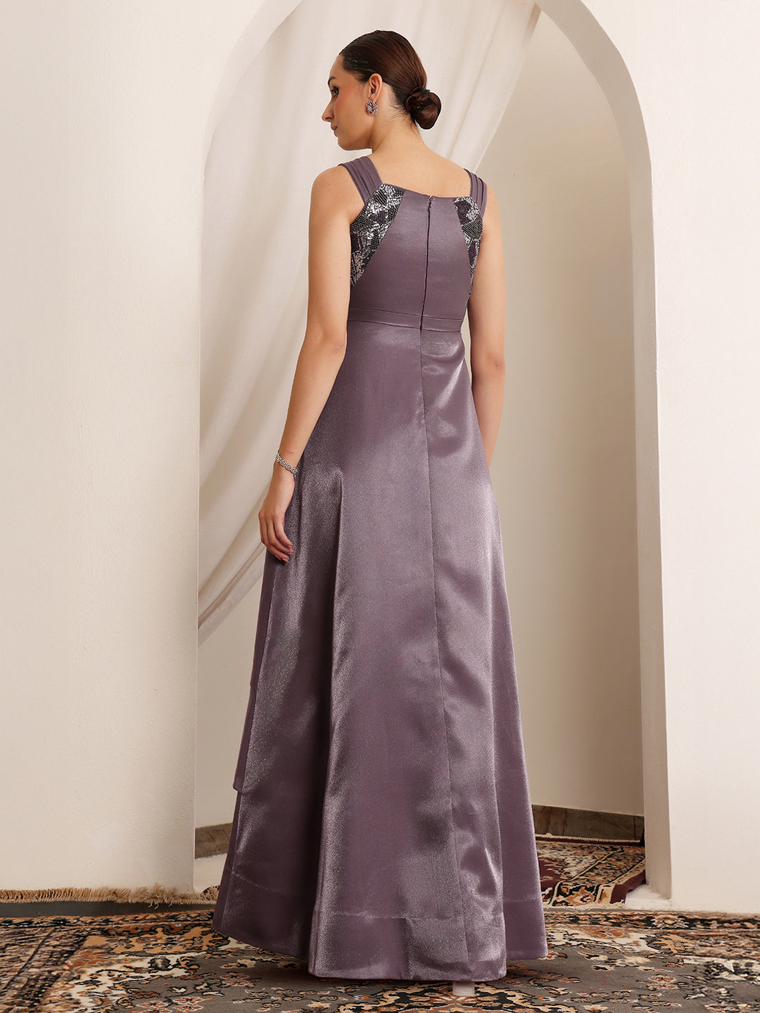 Women's Dusty Purple Square Neck Sleeveless Embellished Layered Satin Maxi Dress