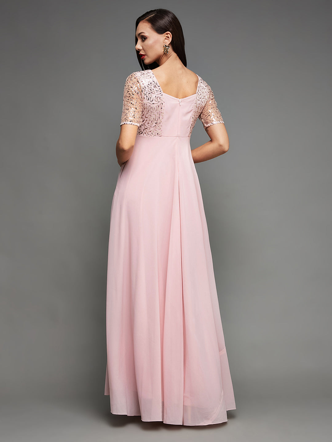 Women's Dusty Pink Square Neck Half Sleeve Solid Embellished Maxi Dress