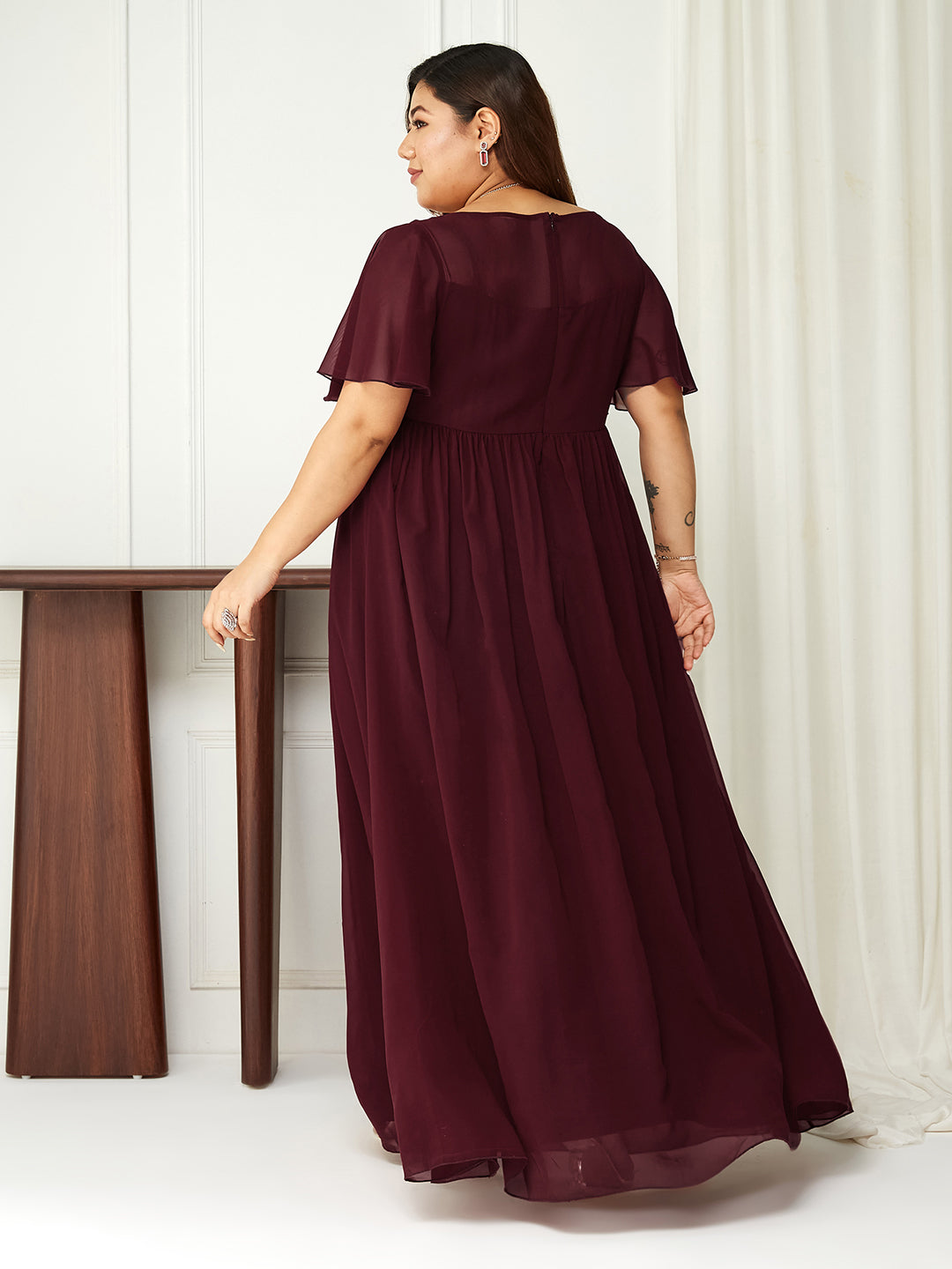 Women's Wine Boat Neck Half Sleeve Solid Embellished Georgette Maxi Dress