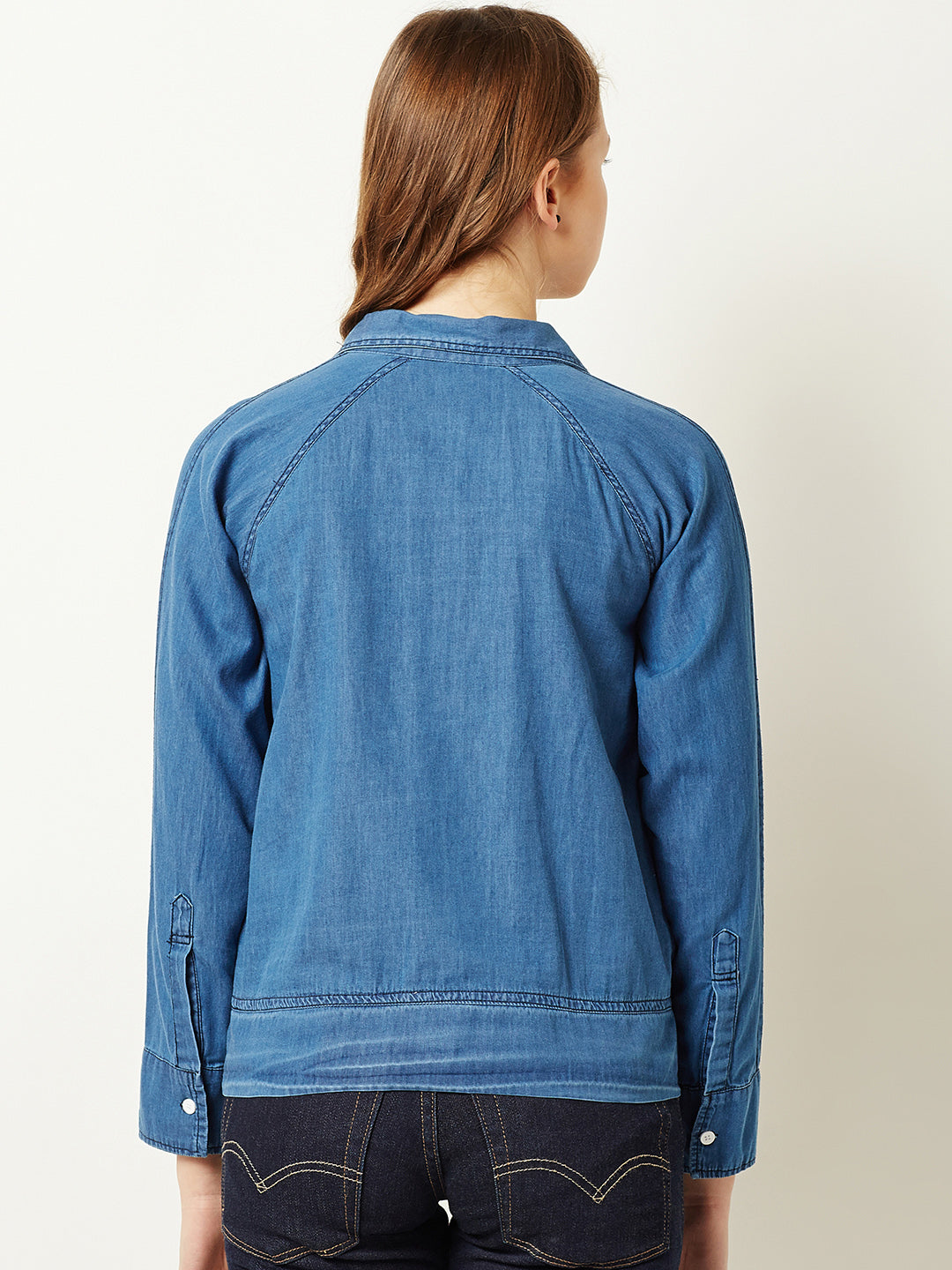 Women's Blue Collared Polo Neck Full Sleeve Solid Buttoned Denim Bomber Jacket