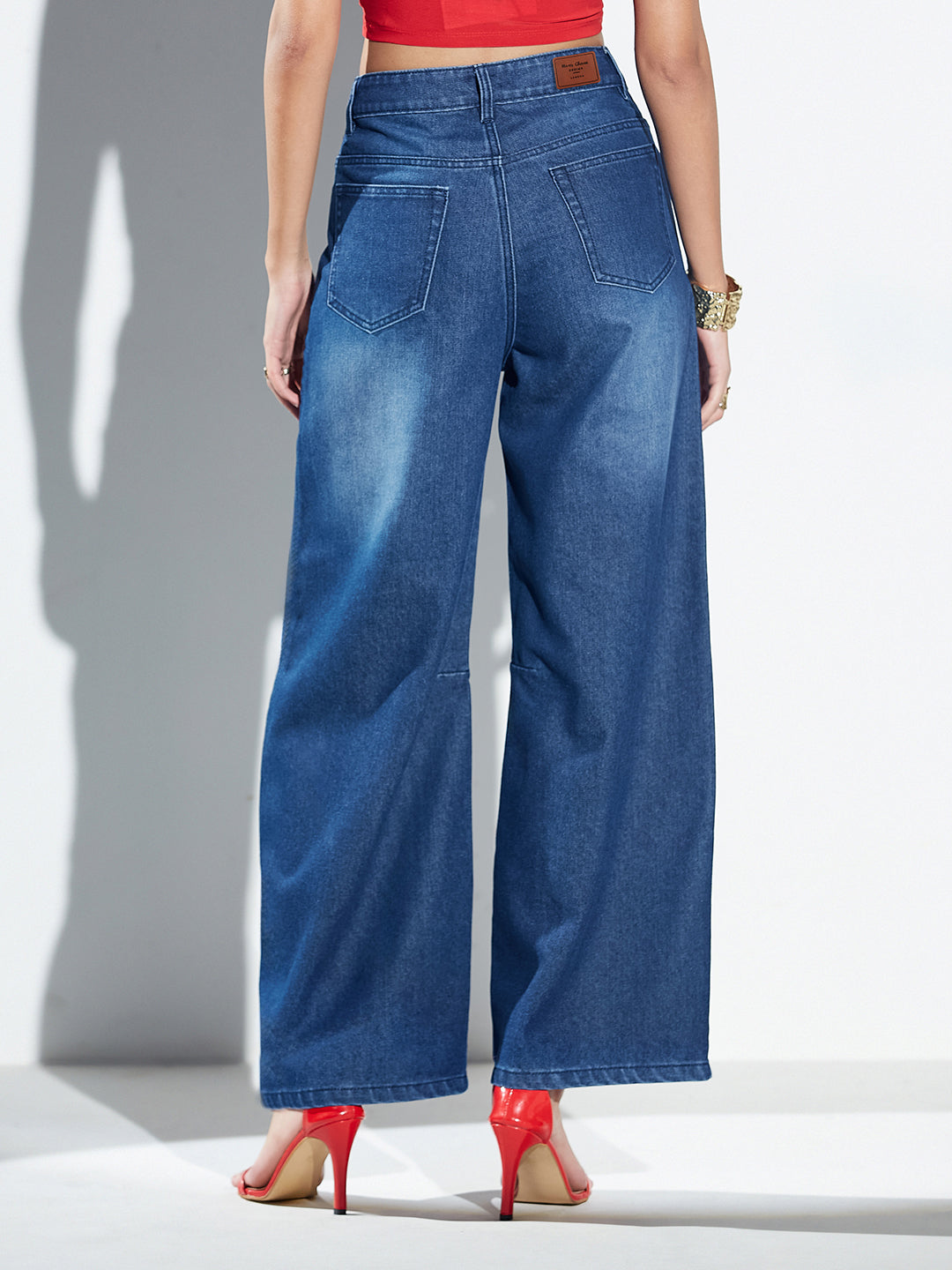 Dark Blue Barrel Fit High-Rise Denim Jeans for Women