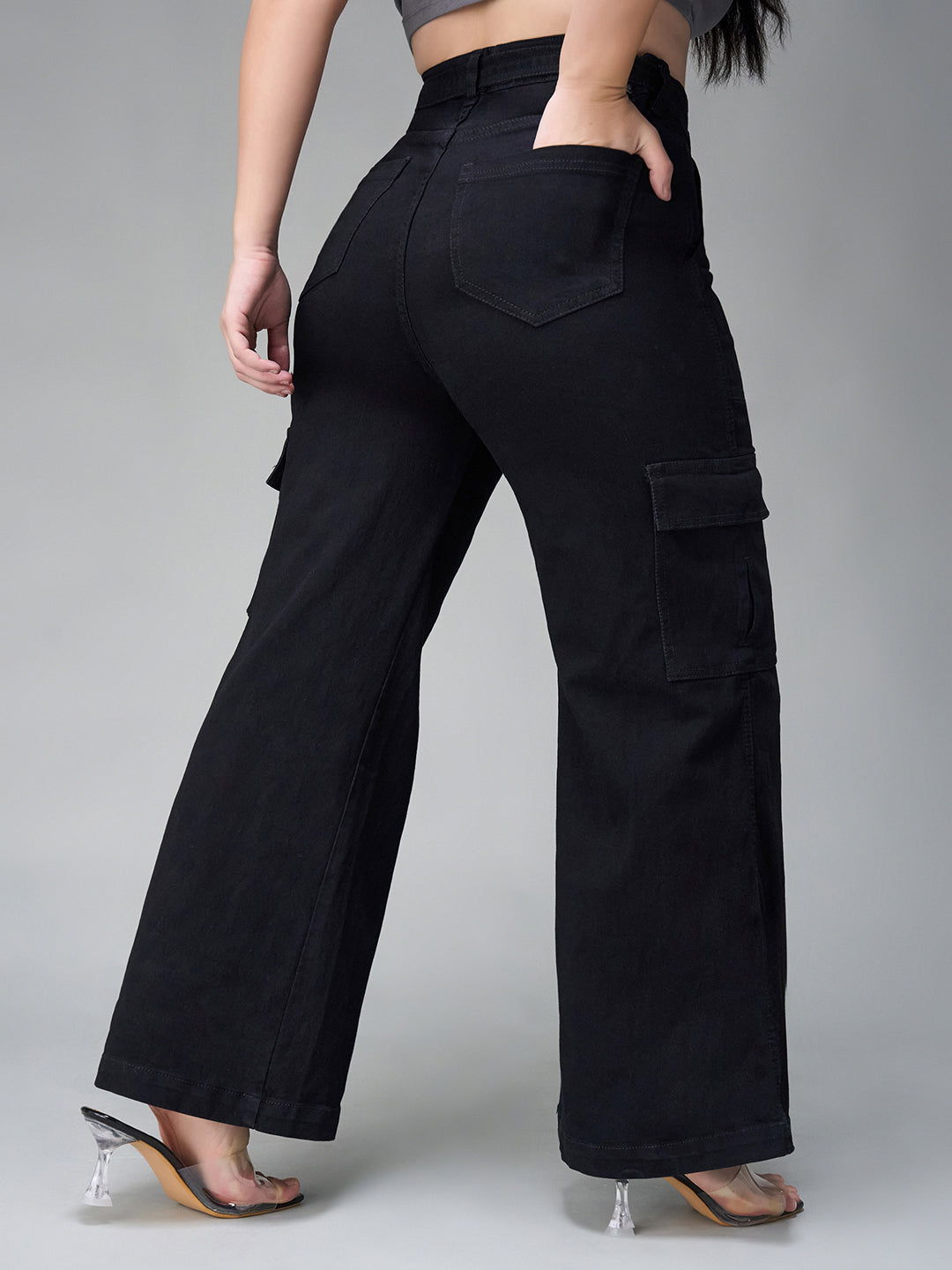 Women's Black Wide leg High rise Stretchable Denim Jeans