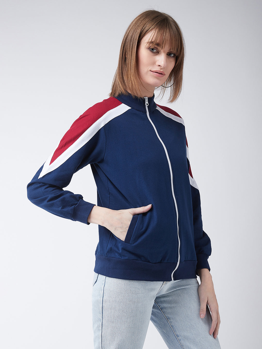 Women's Multicolored-Base-Navy Blue Turtle-neck Full sleeves Solid Color-Block Regular Jacket