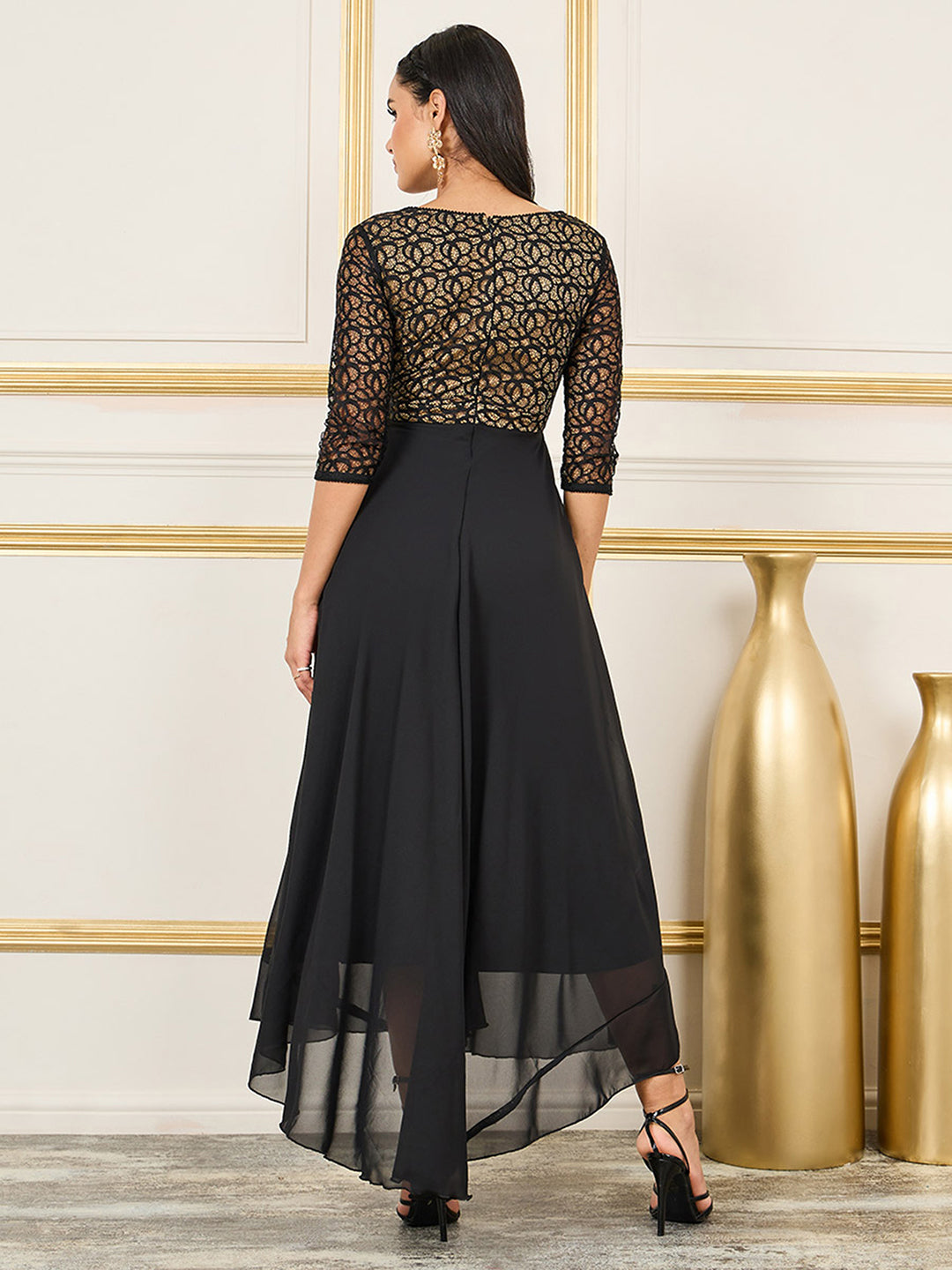 Women's Black Self-Designed Relaxed Fit V-Neck 3/4th Sleeve Georgette And Lace Maxi Dress