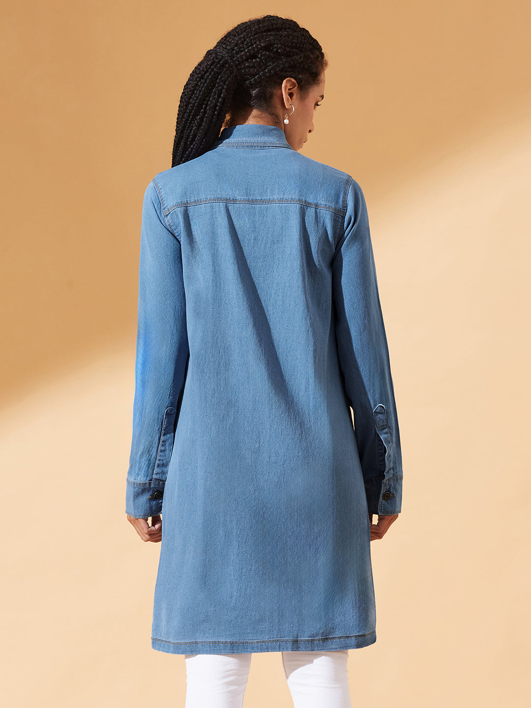 Blue Polo Neck Full Sleeves Denim Knee-Long Shrug for Women