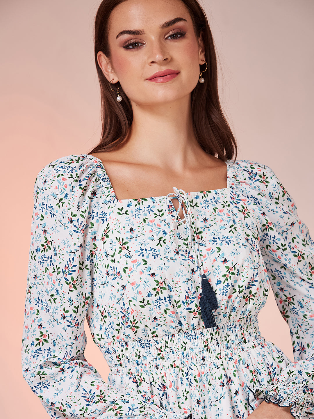 Off White Tie-Up Bishop Floral Layered Knee-Long Crepe Dress for Women