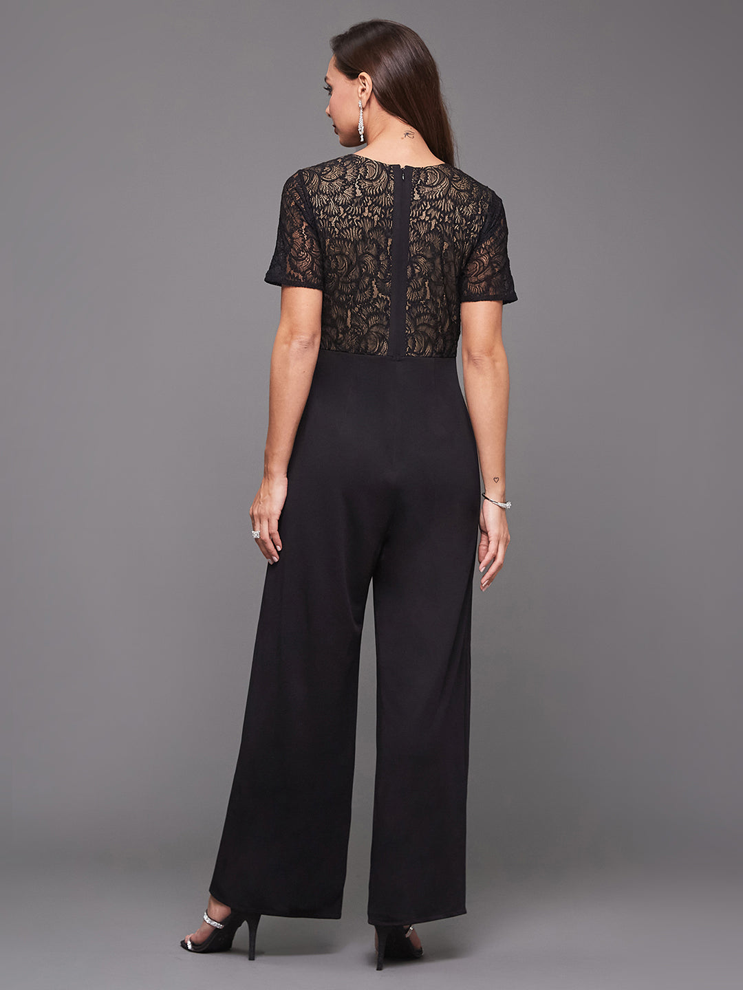 Women's Black Square-Neck Half-Sleeve Self-Designed Panelled Regular-Length Polyester Jumpsuit