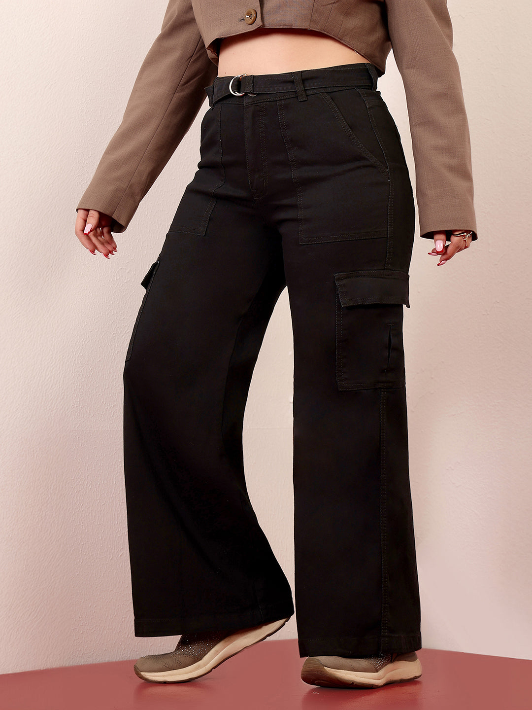 Women's Black Wide-Leg High-Rise Clean-Look Stretchable Denim Jeans
