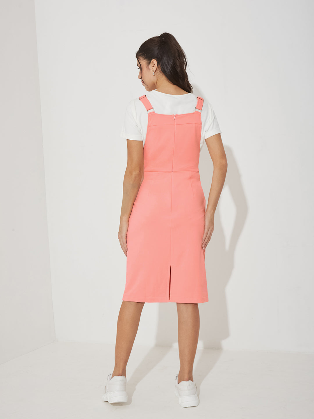Peach and Off-White Solid Pinafore Midi Polyester Co-ord Set with Utility Pockets for Women
