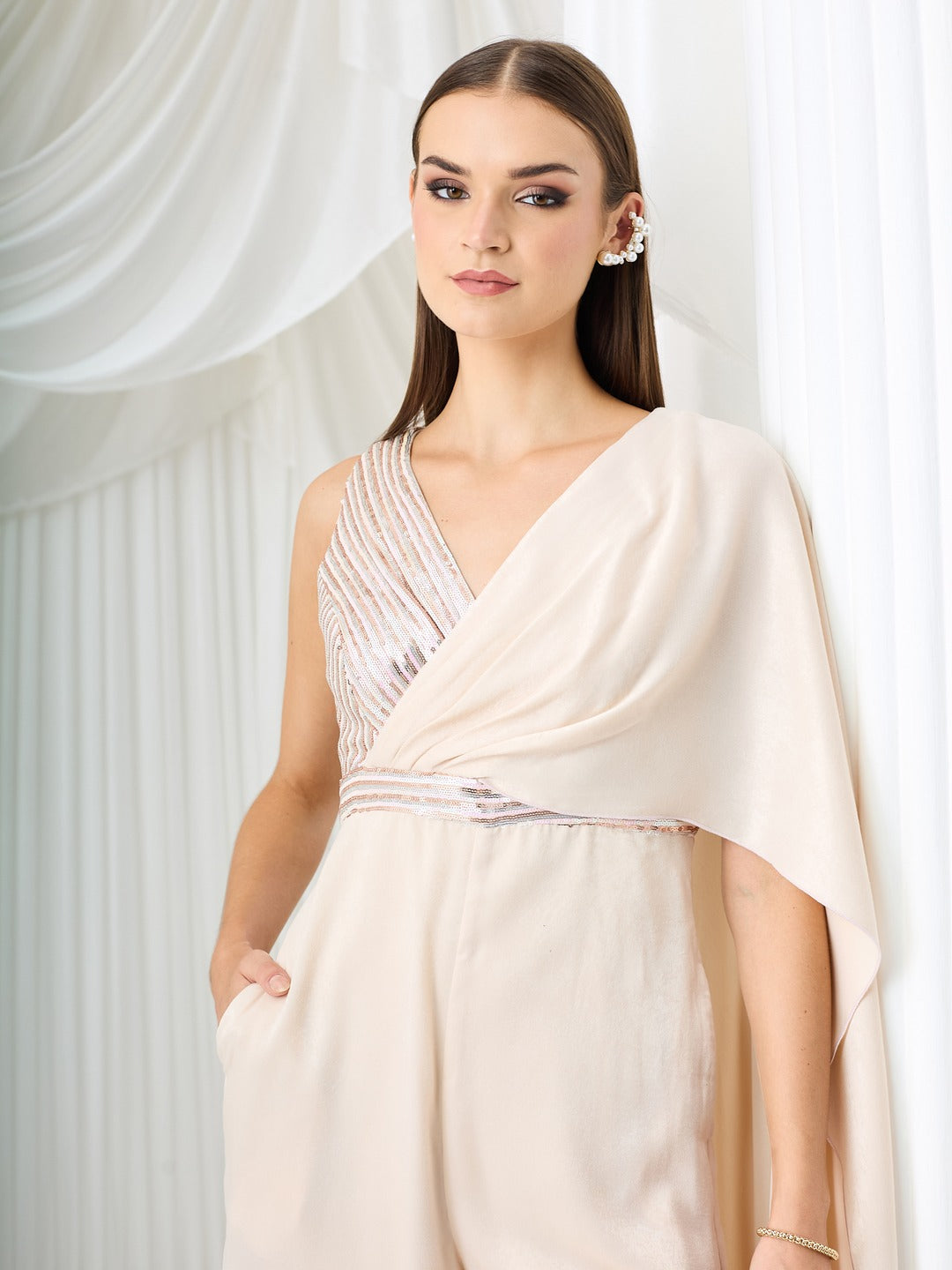 Ivory V-Neck Jumpsuit in Embellished Pleated Luxe Satin for Women