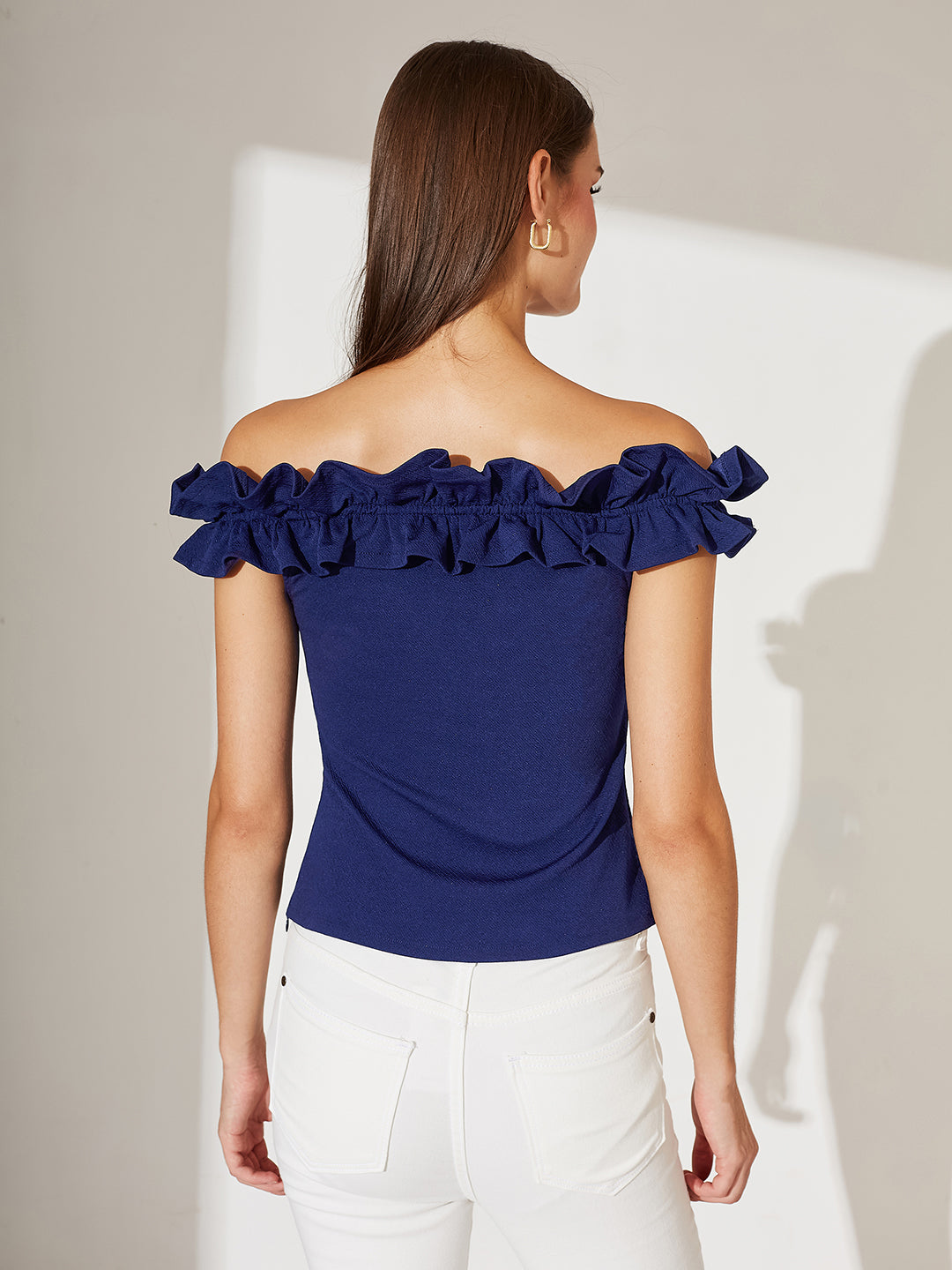 Navy Blue Off Shoulder Sleeveless Solid Ruffled Frilled Gathered Bardot Top for Women