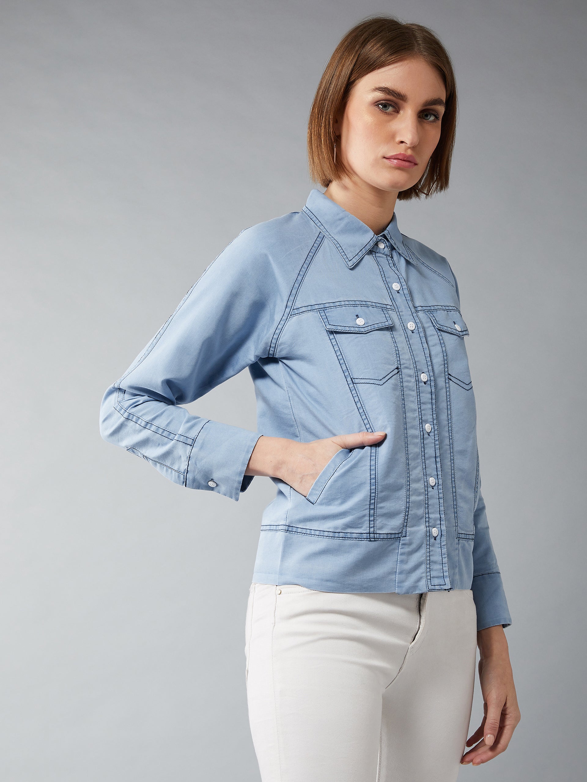 Women's Light Blue Polo Neck Full Sleeves Flap Detailing Denim Solid Regular Length Bomber Jacket