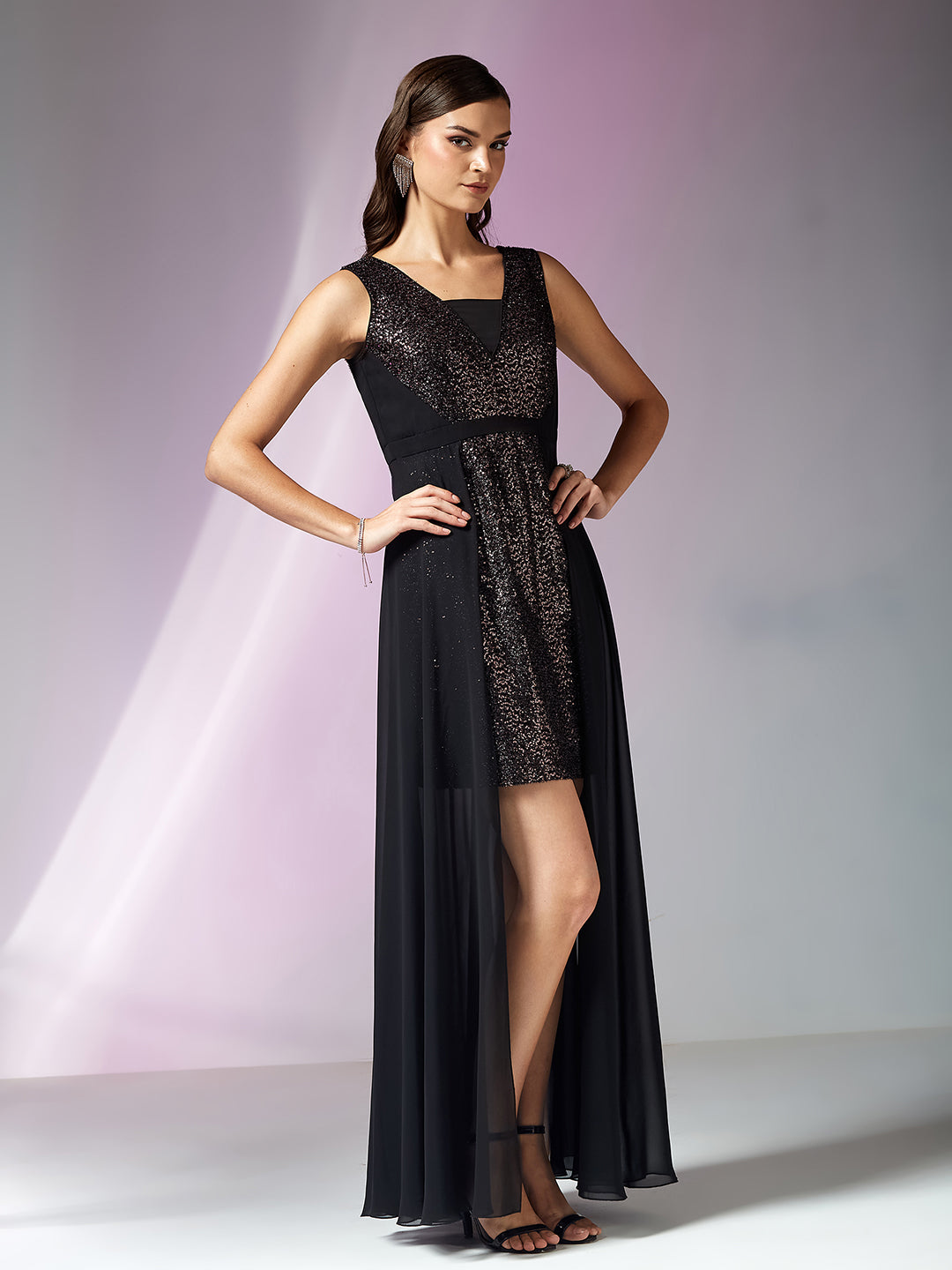 Women’s Black Tapered Square Sleeveless Embellished Bodycon Knee-Long Georgette Dress for Women