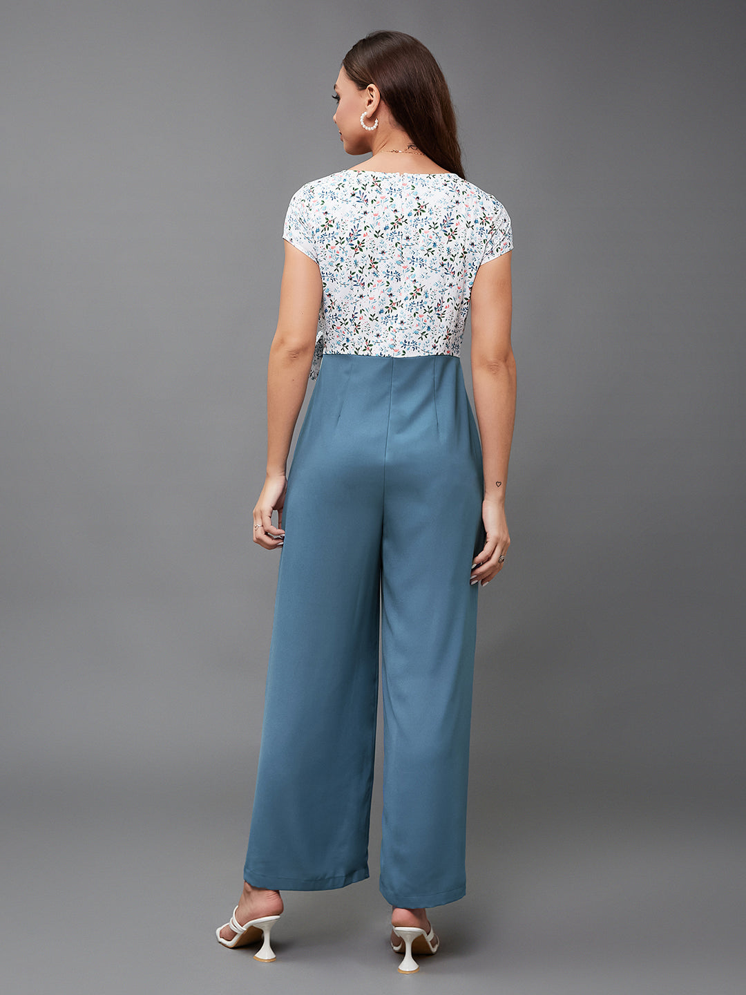 Women's Multicolored- Base- Azure Blue Round Neck Short Sleeves Floral Waist Tie-Up Regular Length Jumpsuit