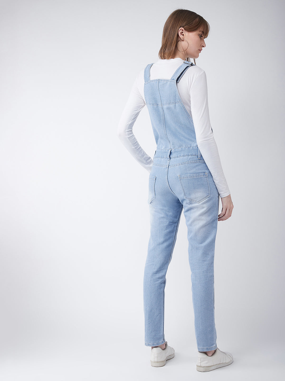 Women's Light Blue Regular Fit Mid Rise Ripped Denim Dungaree