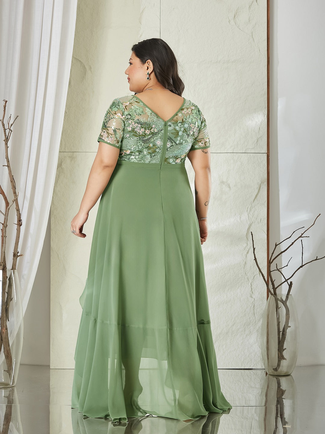 Light Green Embellished Layered Georgette Midi Dress for Women