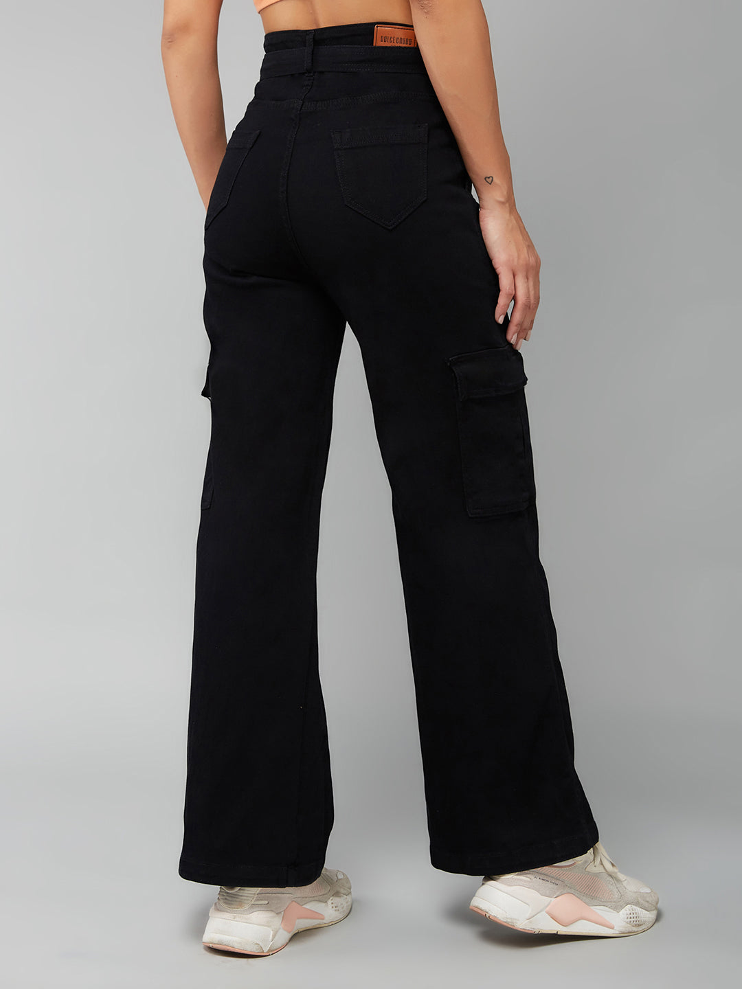 24/7 Comfort Women's Black Wide leg Cargo High rise Regular Stretchable Denim Jeans