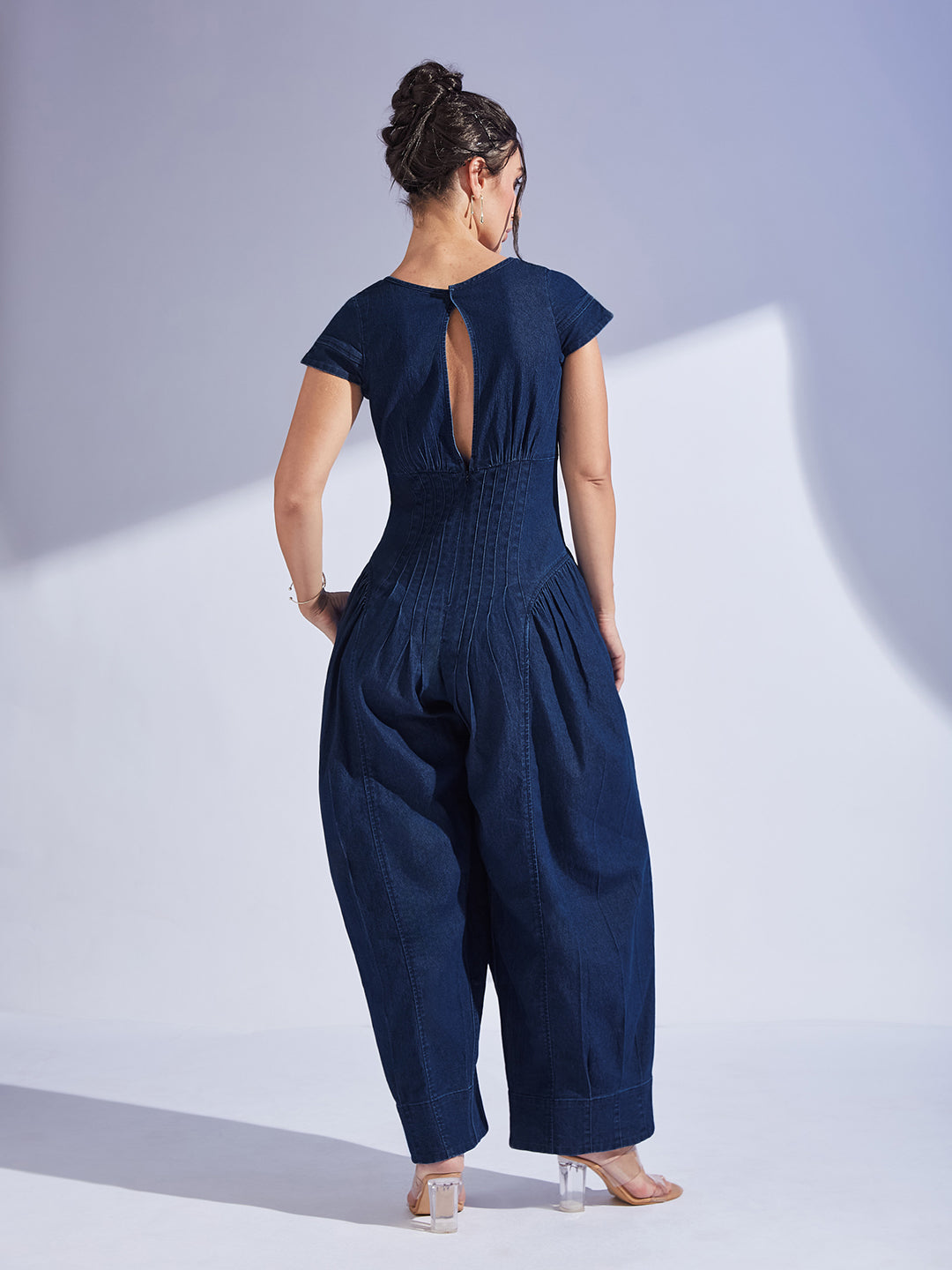 Women's Navy Blue Scoop Neck Cap Sleeve Pin Tucked Dhoti Style Denim Jumpsuit