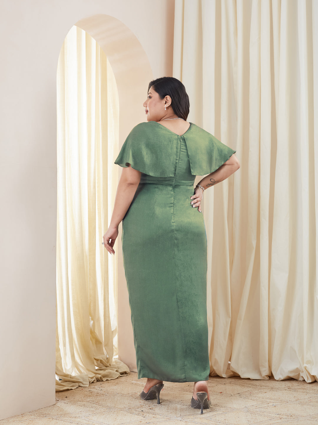 Siege Green Sweetheart-Neck Cape Embellished Draped Satin Maxi Dress for Women