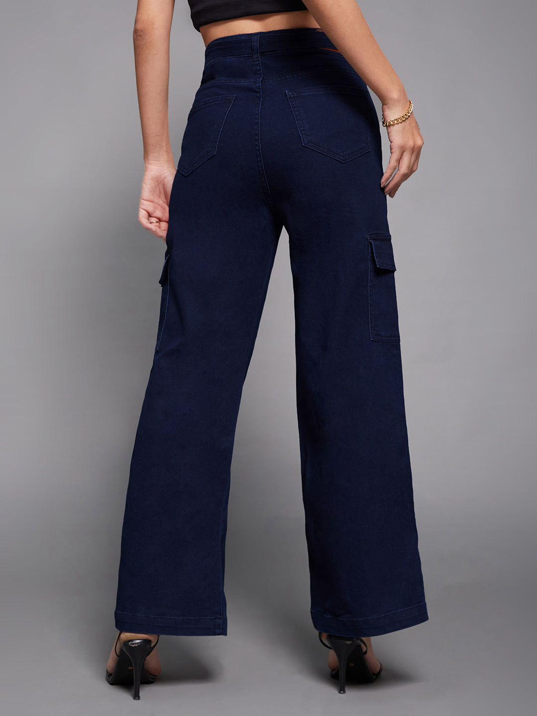 Women's Navy Blue Wide leg High rise Clean Look Regular Stretchable Cargo Denim Jeans