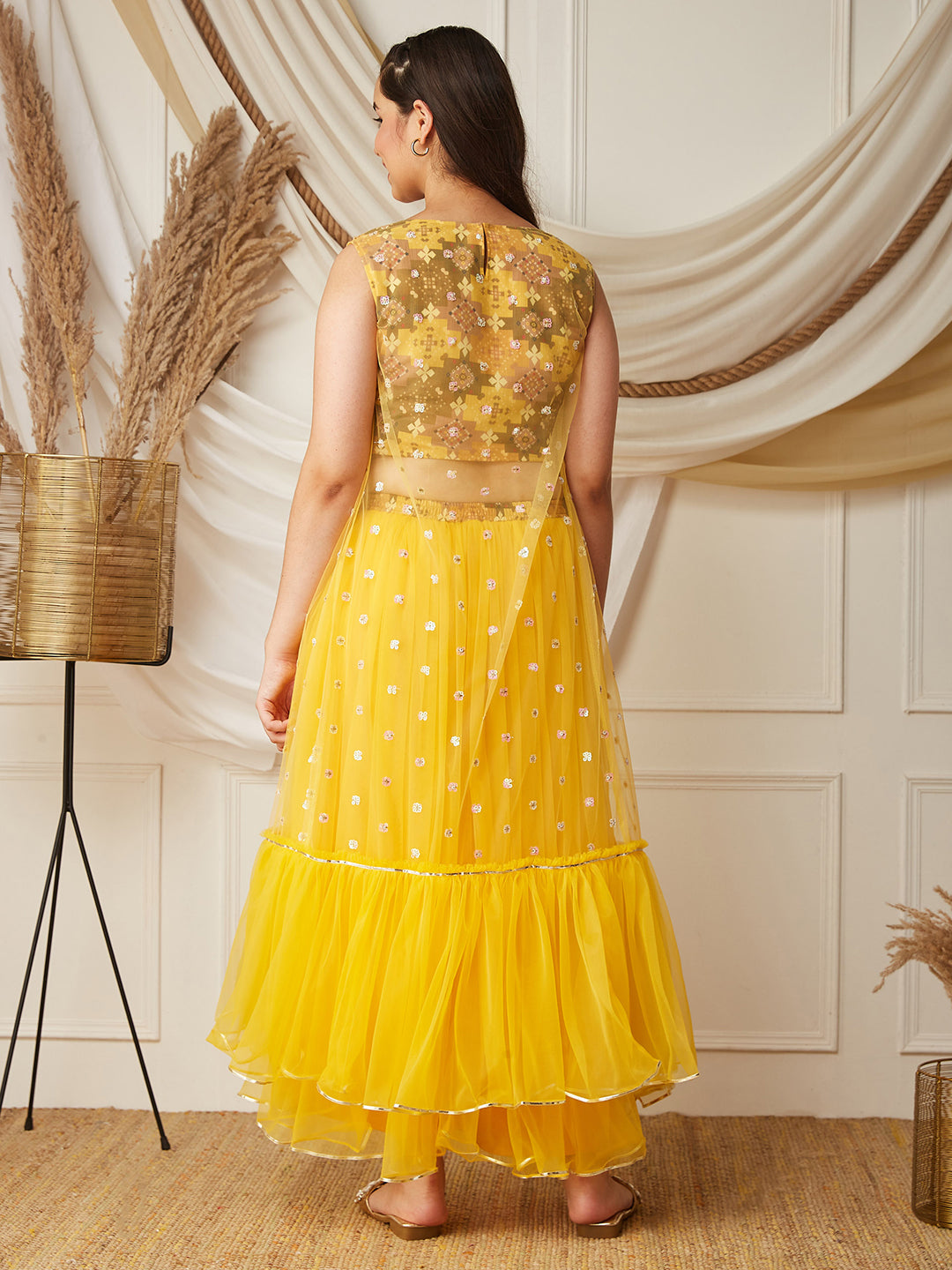 Multicolored-Base-Mustard Boat-Neck Sleeveless Embellished Fit & Flare Regular Fusion Set