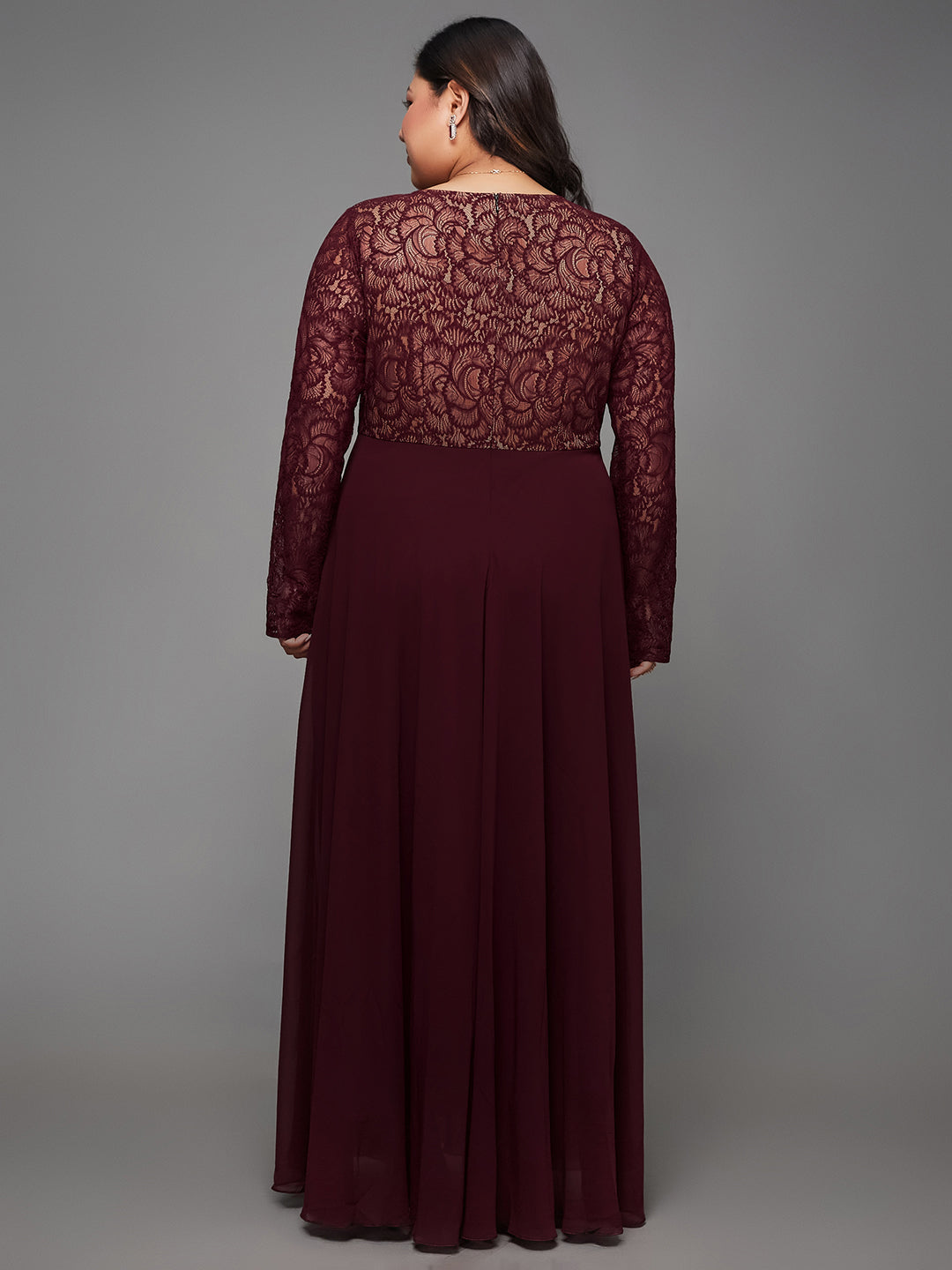 Wine V-Neck Full Sleeve Self Design Lace-Overlaid Georgette Maxi Dress for Women