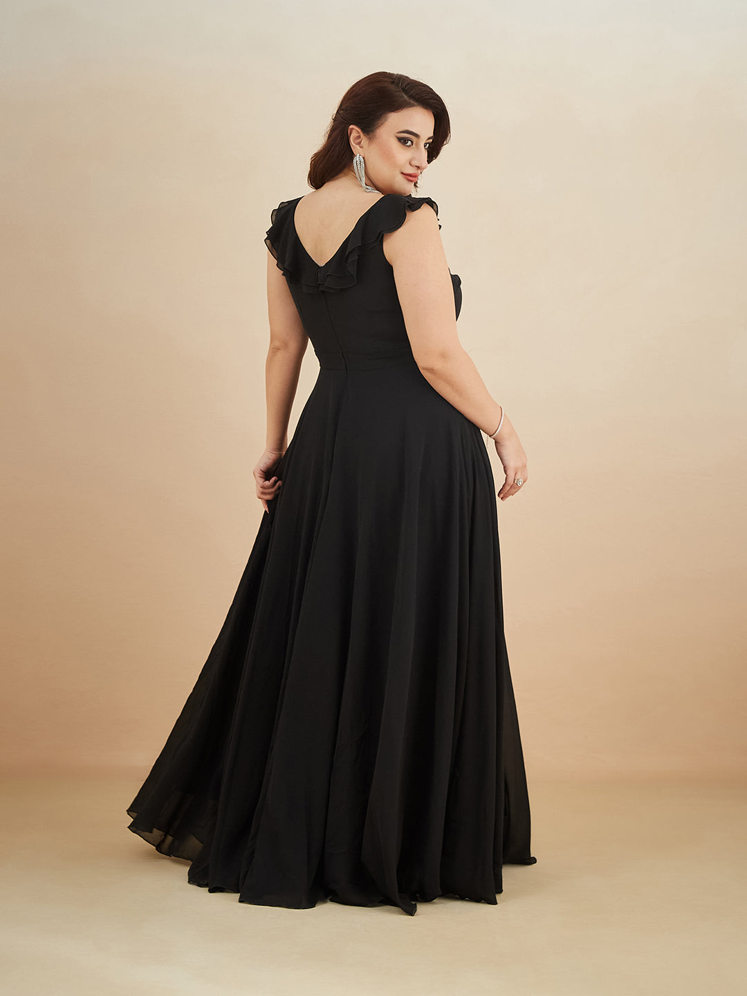 Black Sleeveless Embroidered Ruffled Georgette Maxi Dress for Women — Miss Chase A+